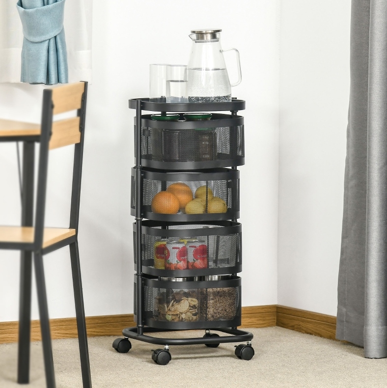 Rollwagen 33x33x77 Cm Schwarz Mit 4 Ebenen, Rollen Und Oberem Ablagefach