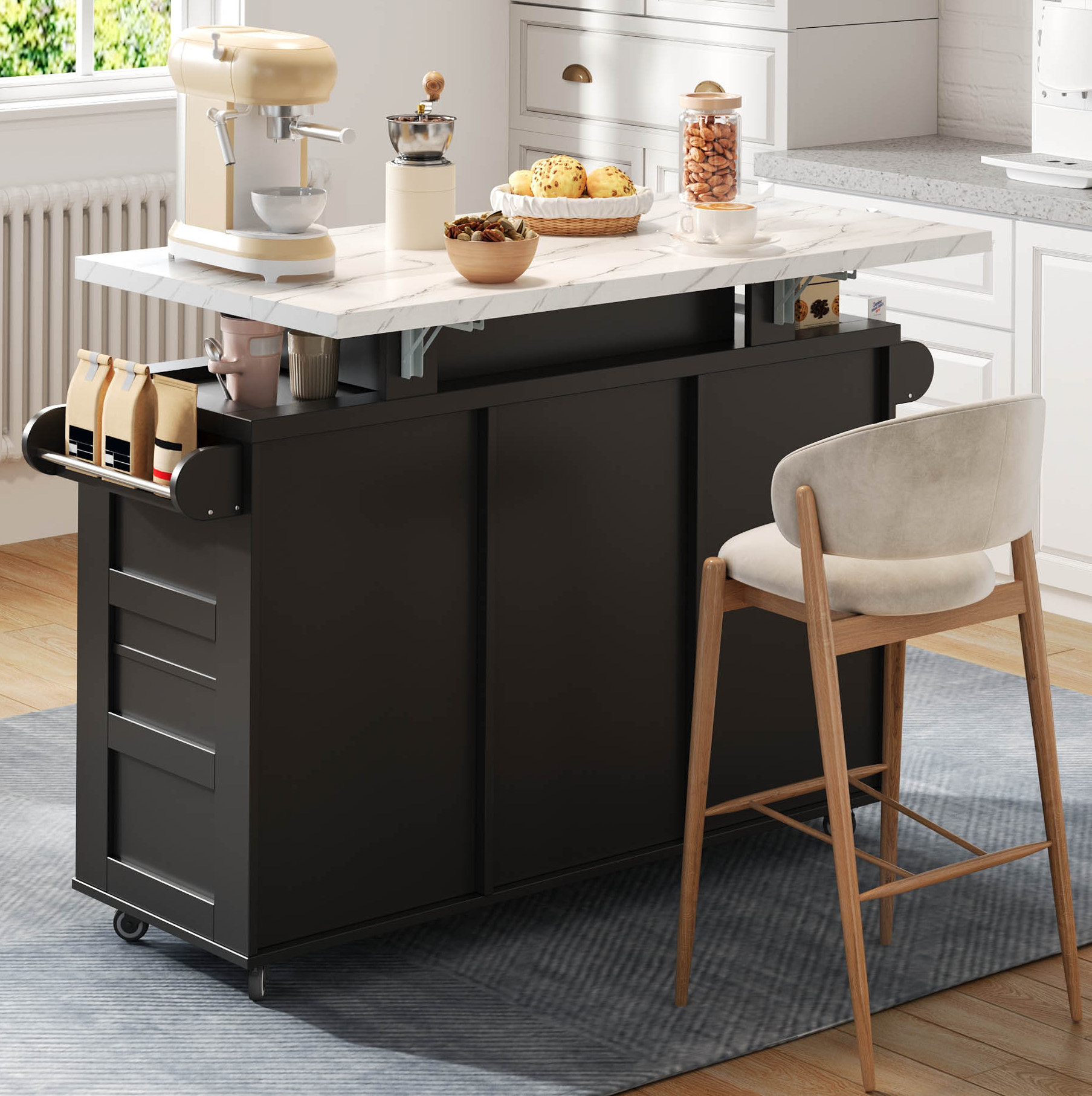 Kücheninsel 138/60/93 Cm In Schwarz Mit Klappplatte, Led Und Stauraum