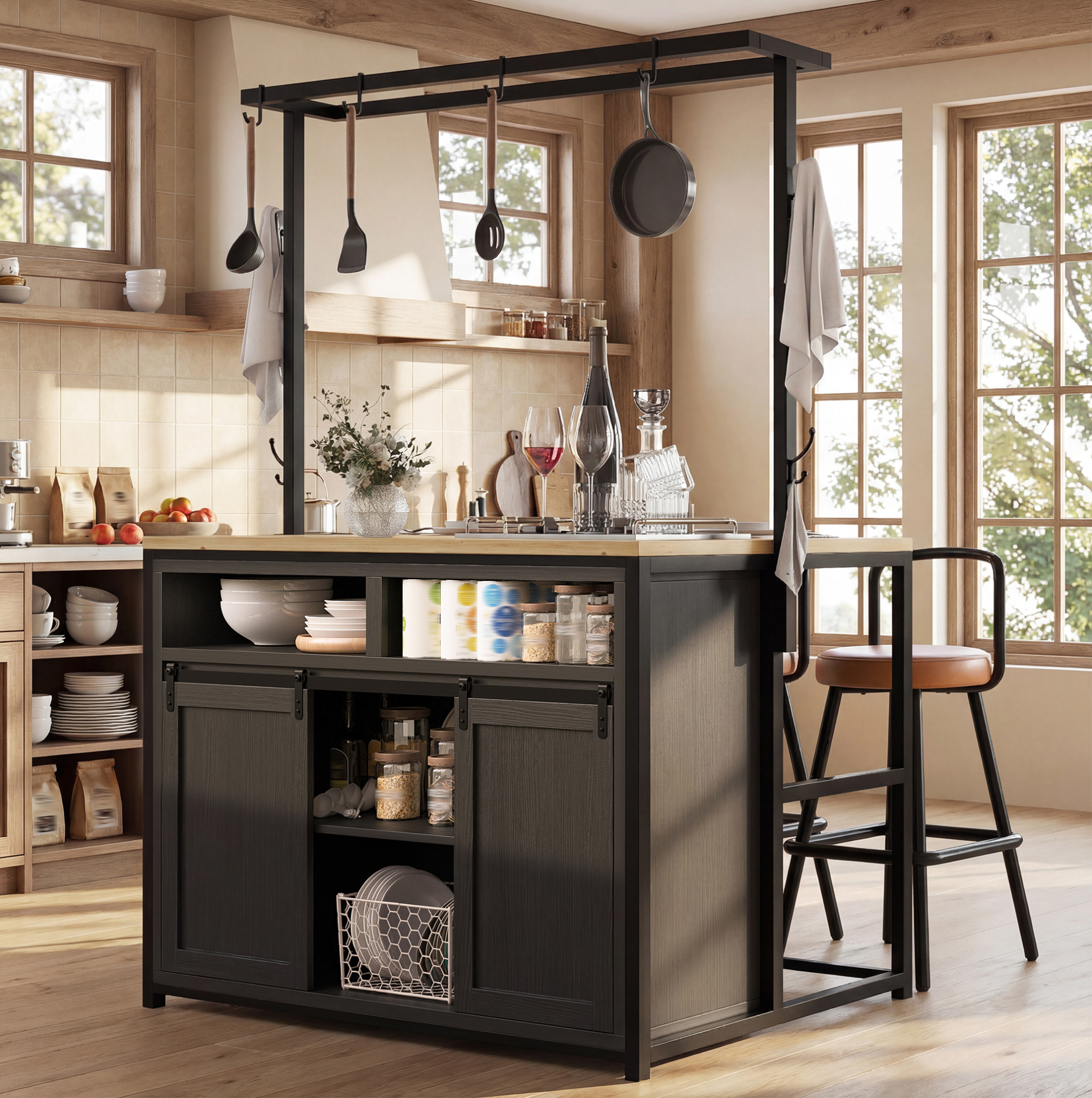 Küchenschrank 107/62/183 Cm In Schwarz Mit Steckdose, Schiebetüren Und Hängeregal