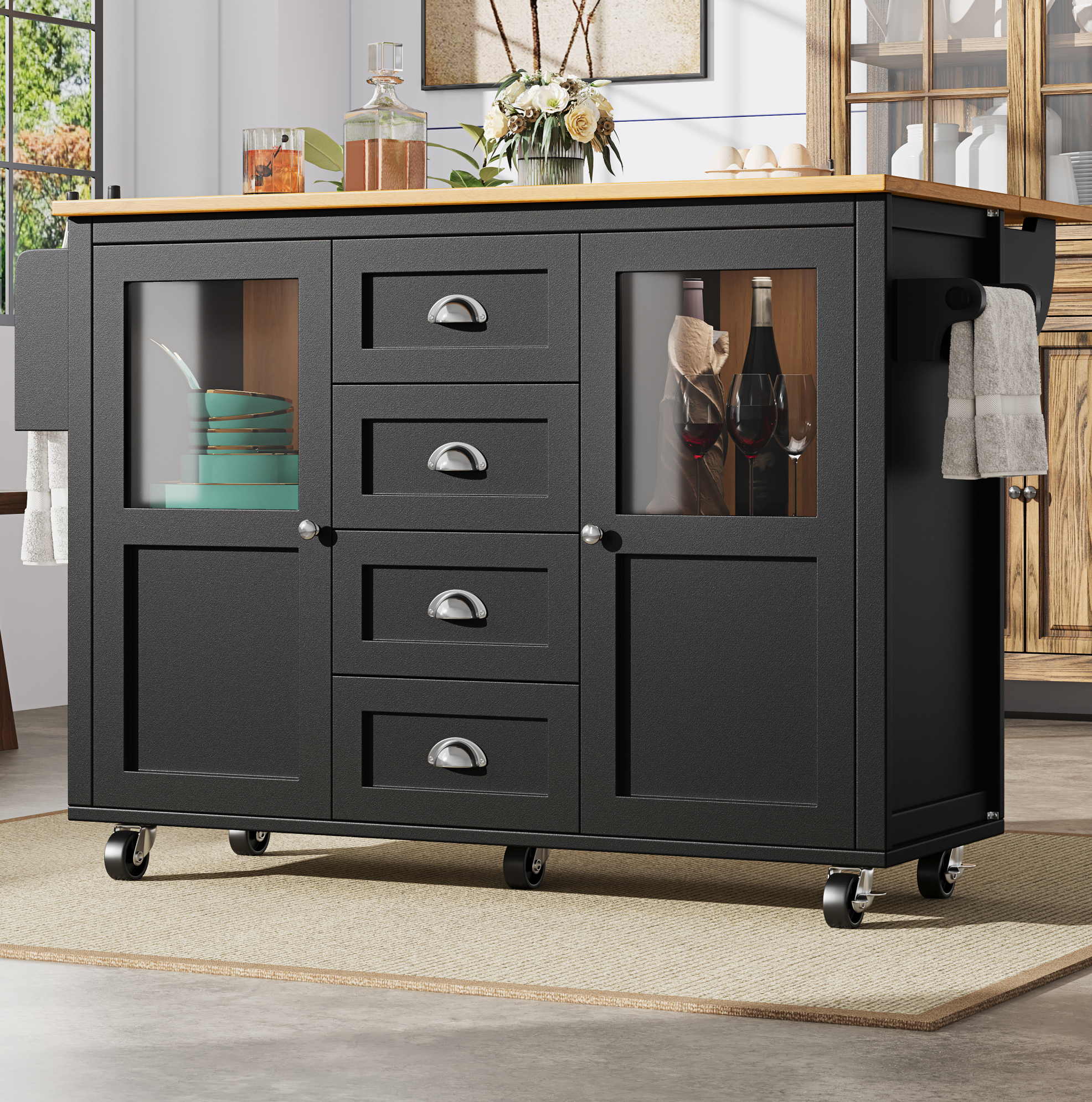 Kücheninsel 137,9x73x92,5 Cm Schwarz Mit Klapptisch, 4 Schubladen Und Rollen