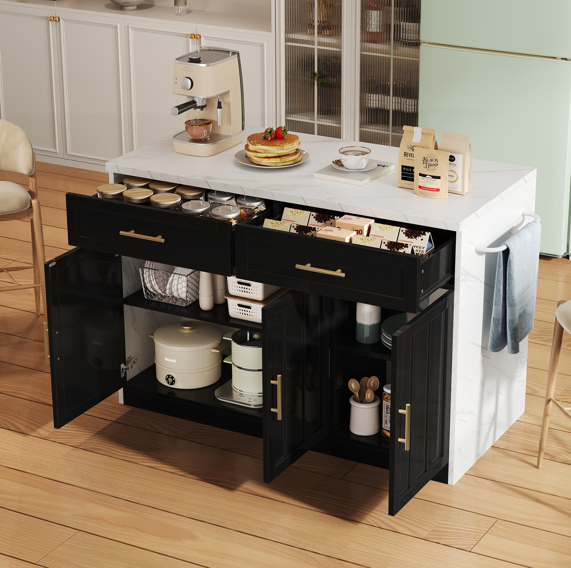 Kücheninsel 120/60/91 Cm Schwarz Mit Bartheke, Schubladen, Türen Und Usb-anschlüssen