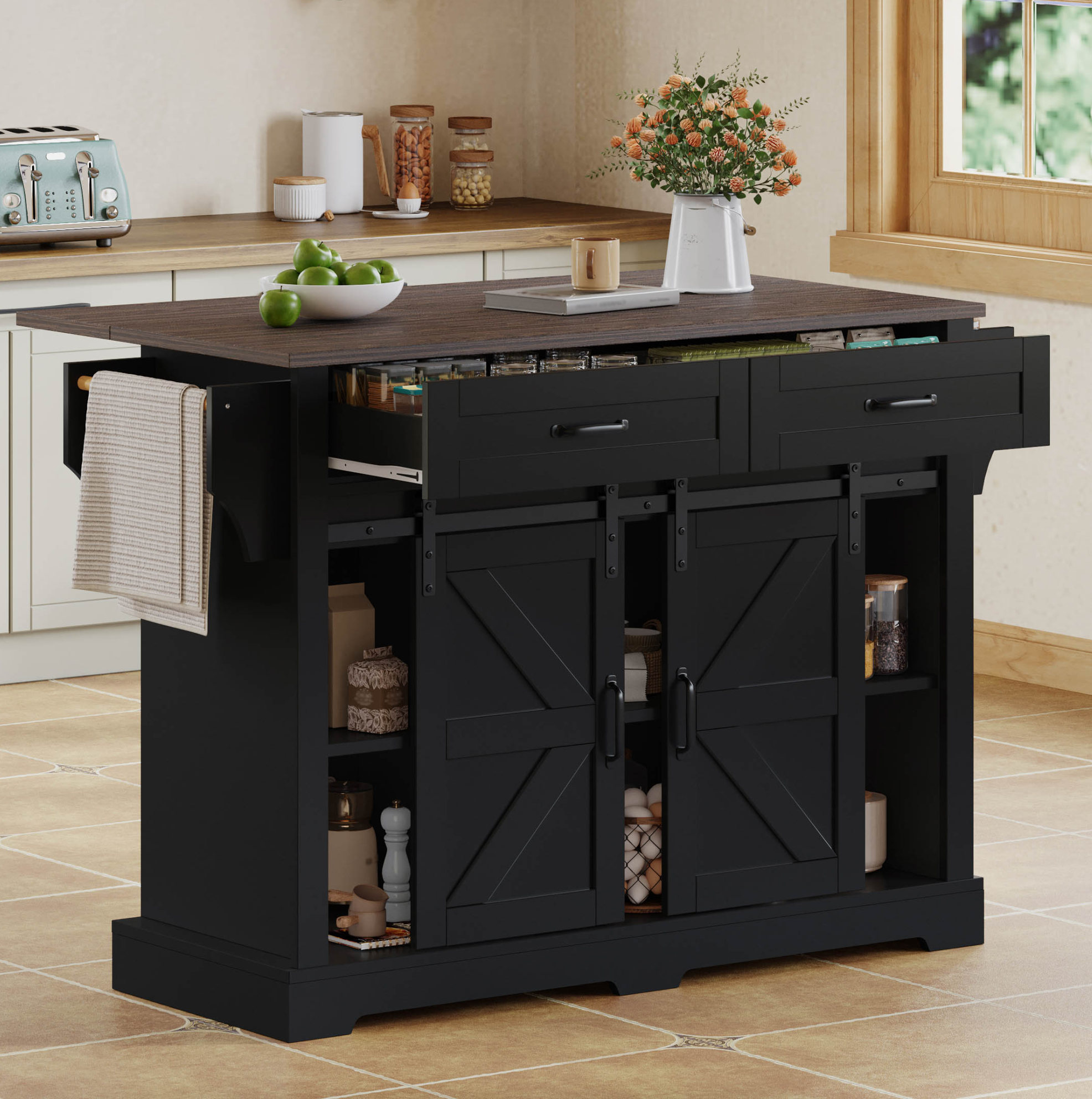 Kücheninsel 120×45(70)×91 Cm Schwarz Mit Klapptischplatte, 2 Schiebetüren Und Rollen