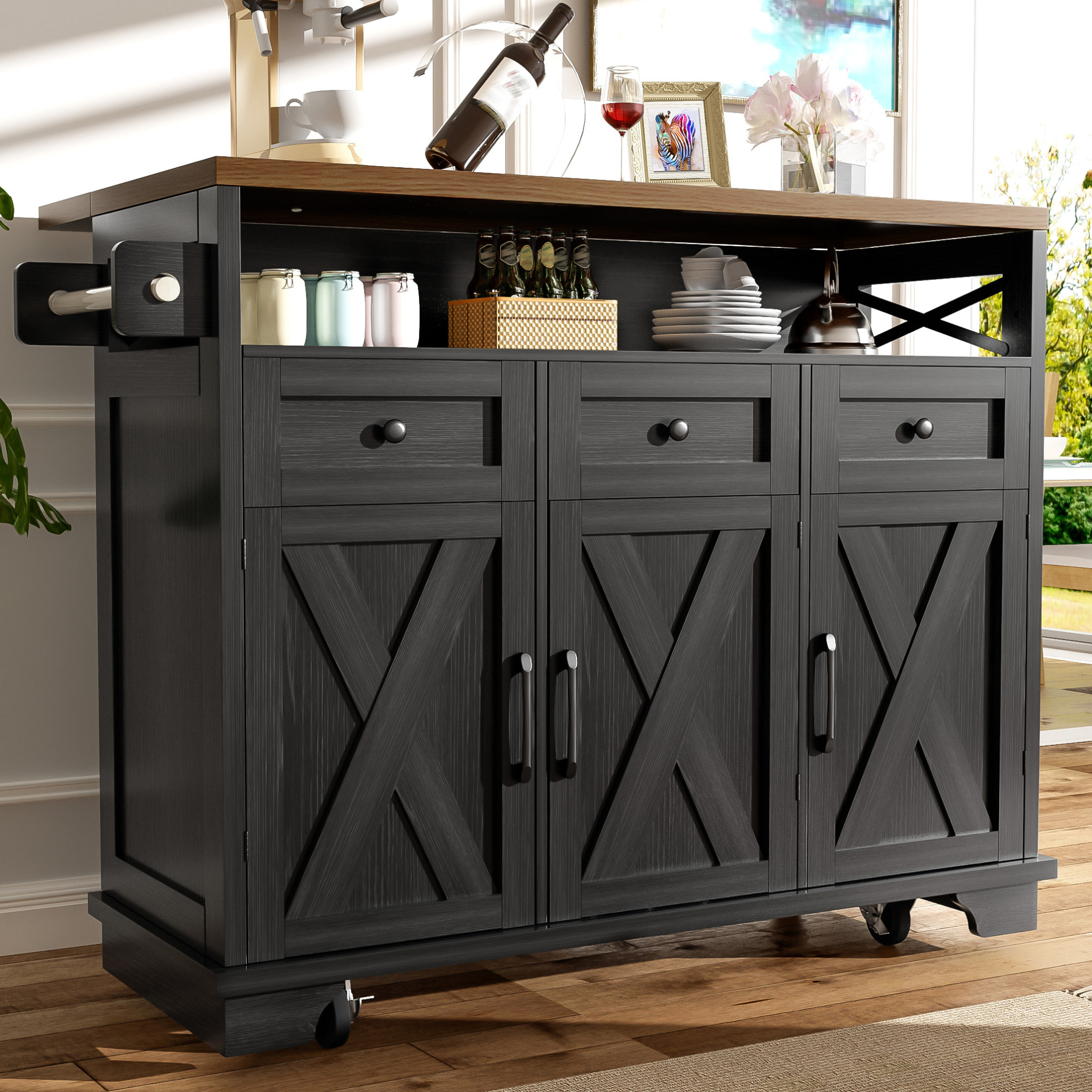 Kücheninsel 118 X 43-80 X 98 Cm In Schwarz Mit Klappplatte, Stauraum Und Rollen