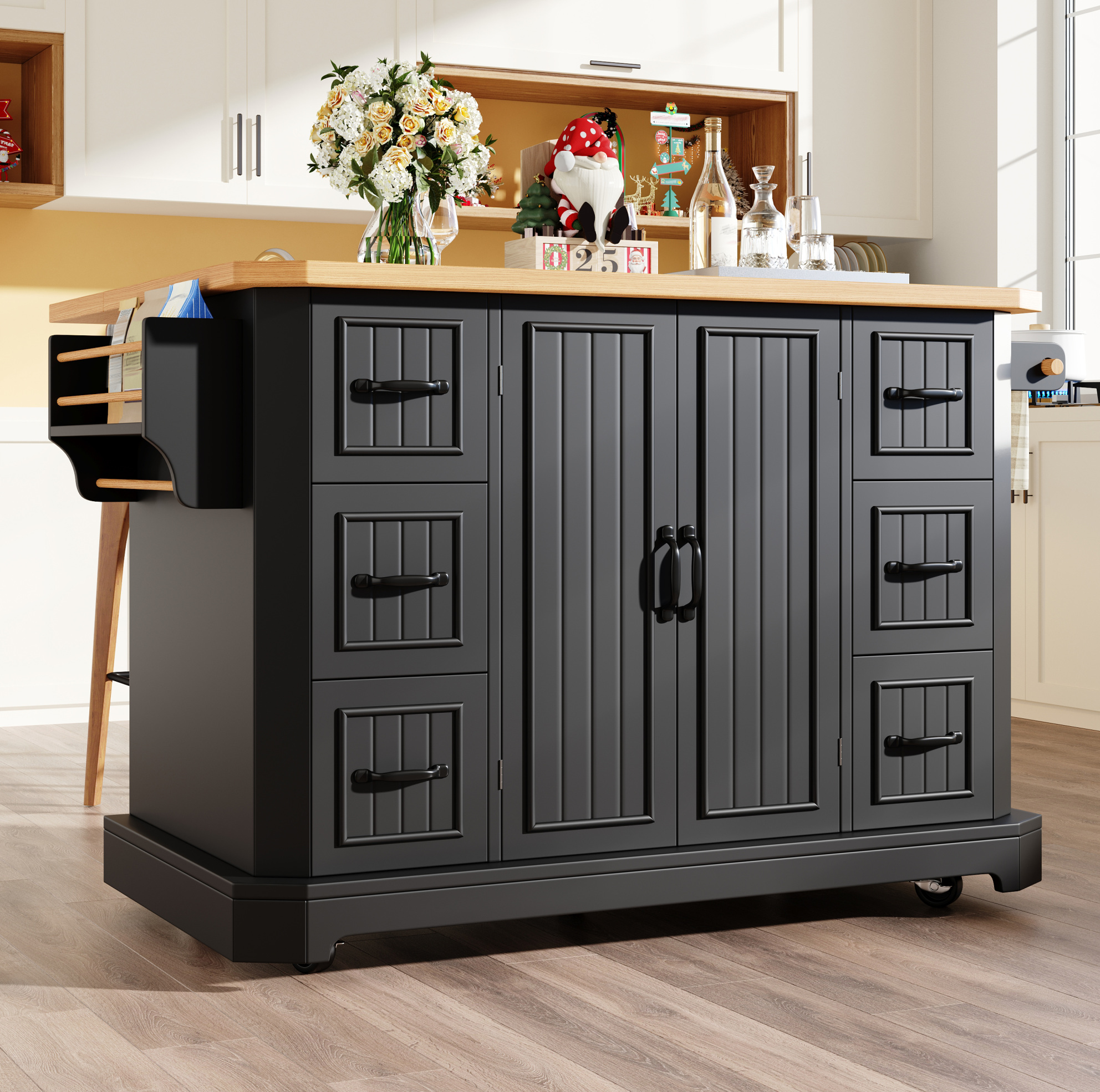 Kücheninsel 120/45/91 Cm Aus Mdf Und Metall, Mit 2 Türen, 6 Schubladen Und Rollen