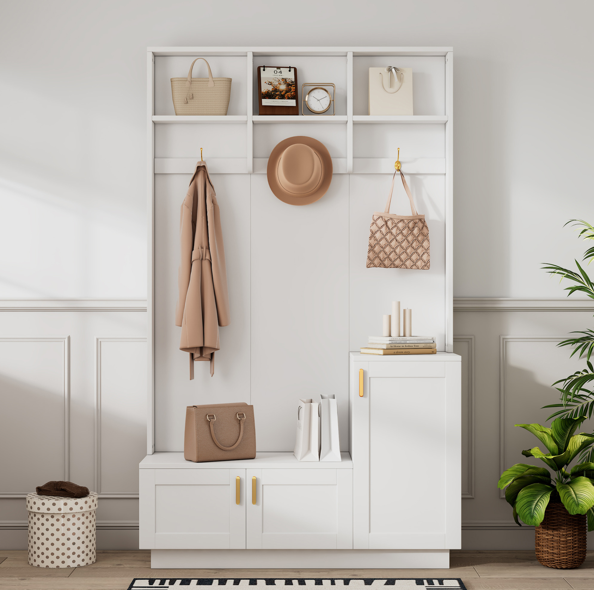 Garderobe Mit Bank Aus Spanplatte, Weiss, 3 Haken, 120 X 40 X 200 Cm, Mit Schuhablage Und Verstellbarem Fachboden