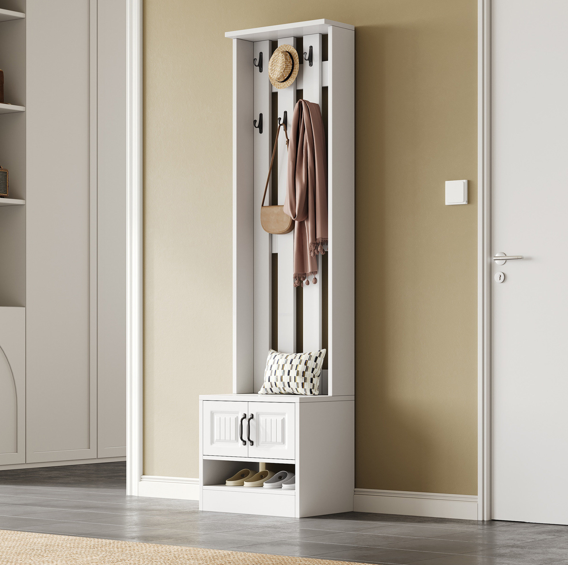 Garderobenschrank Aus Spanplatte In Weiß Mit 8 Haken, 50 X 36 X 190 Cm, Mit Sitzfläche Und Türen