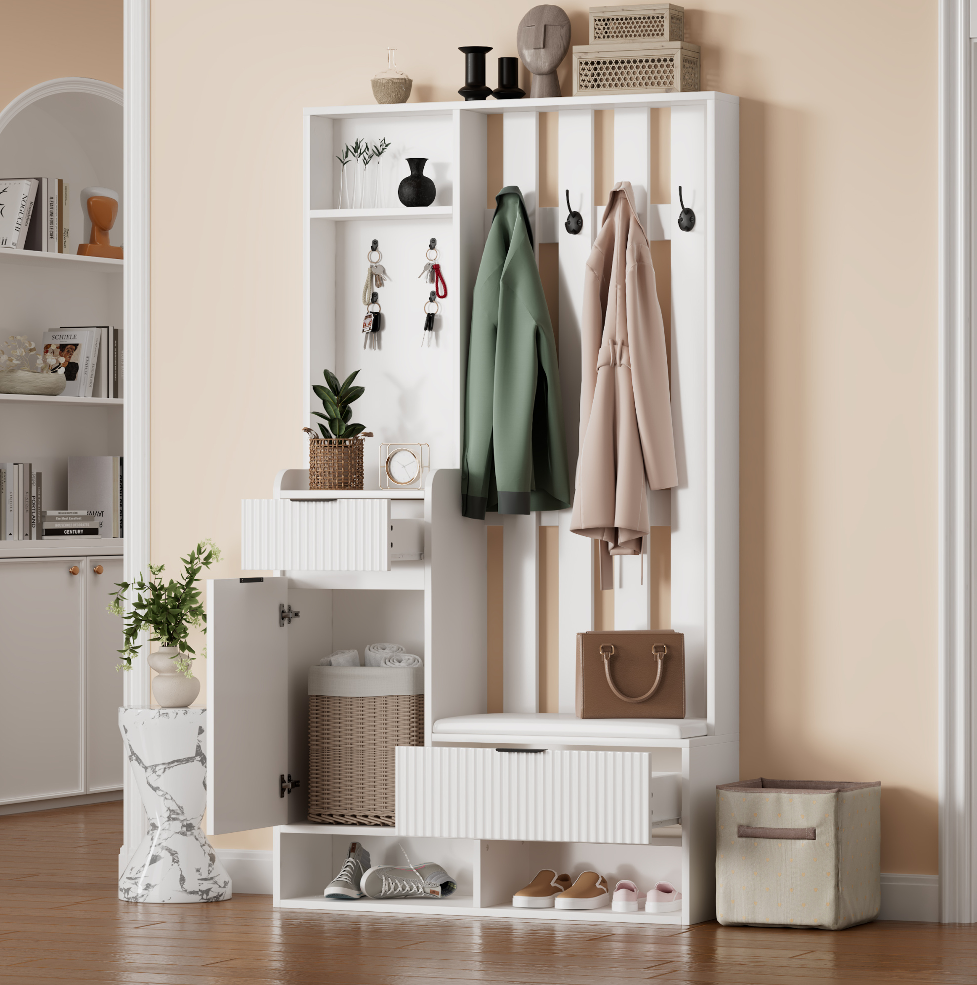 Garderobenstaender Aus Spanplatte In Weiss Mit 8 Haken, 100 X 30 X 180 Cm, Mit Schuhbank, 2 Schubladen Und Schrank