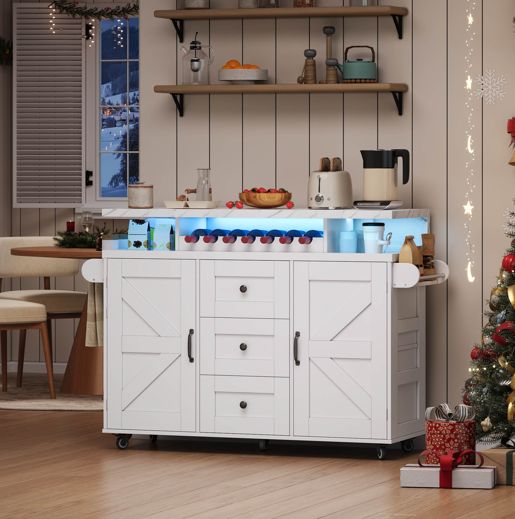 Kücheninsel 138/60/93 Cm Weiß Mit Led, Klapptisch Und Viel Stauraum