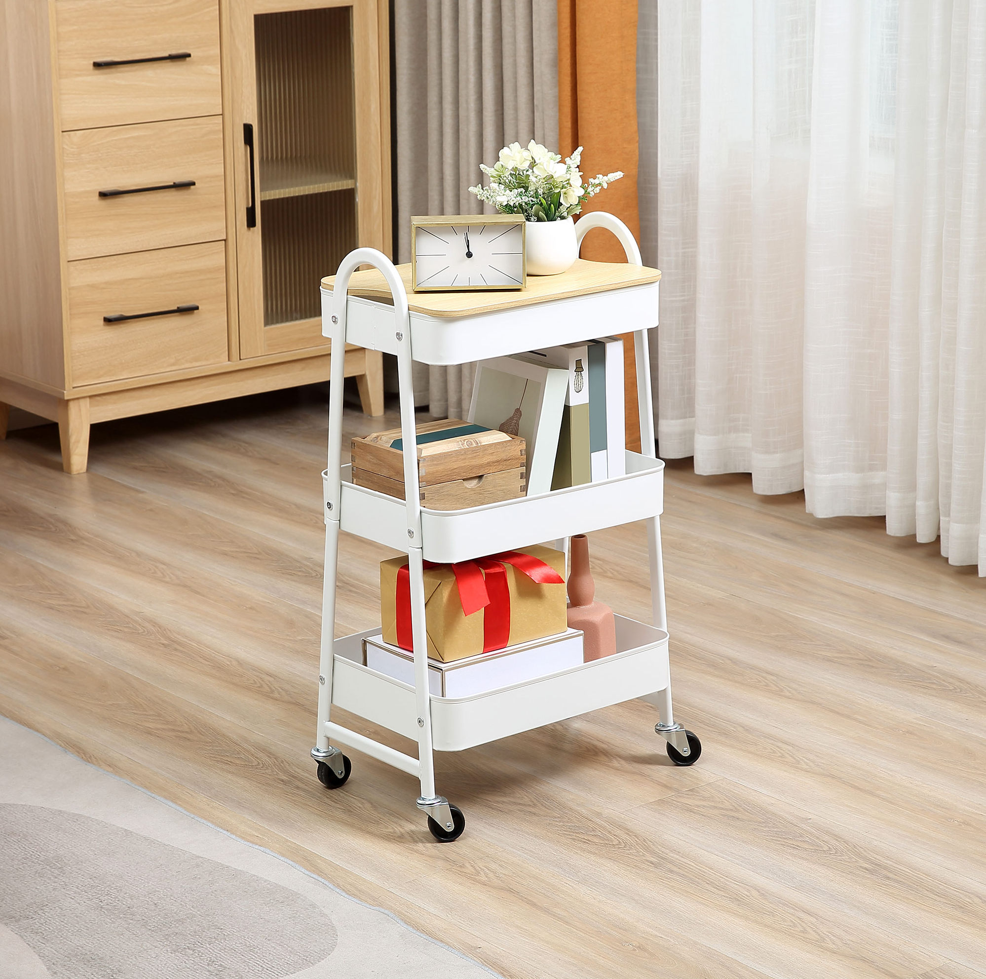 Küchenwagen 45x31x79,4 Cm Weiß Mit 3 Ebenen, Deckel Und Rollen