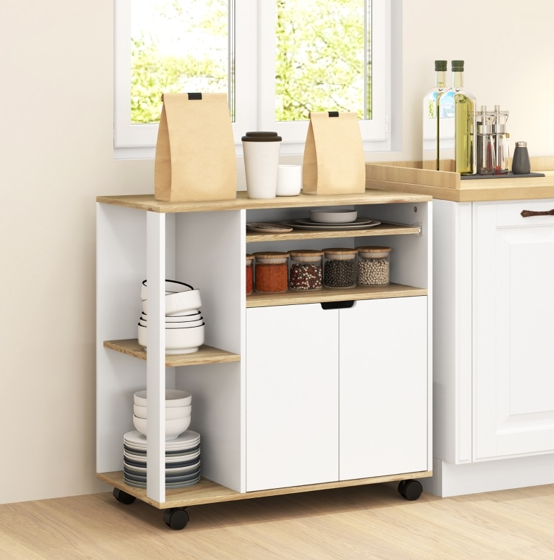 Küchenwagen 80/40/82 Cm Aus Naturholz Und Weiß Mit Verstellbarem Regal Und Rollen
