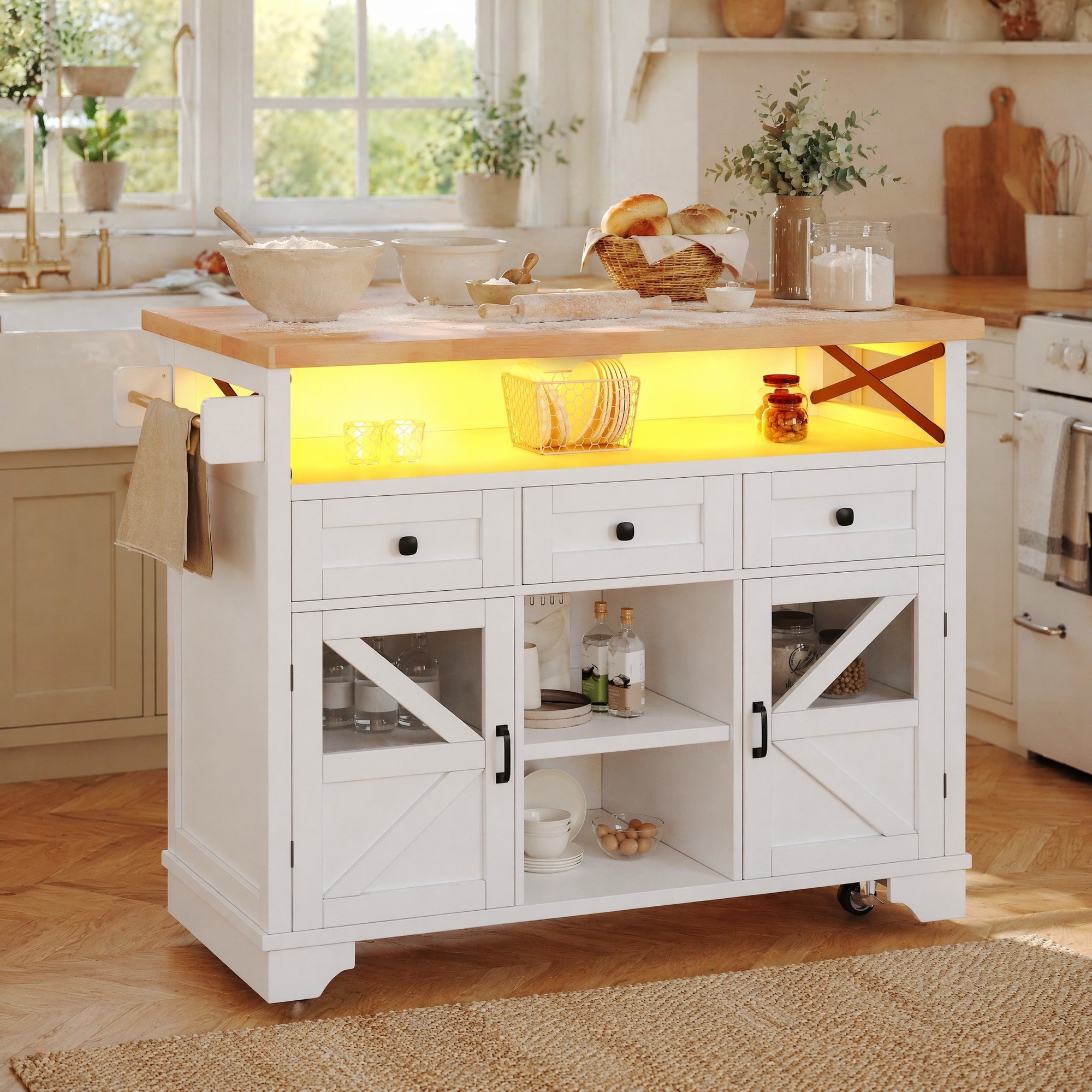 Sideboard 120/71/98 Cm In Weiß Mit Klapptisch, Smart-led, Glastüren Und Stauraum