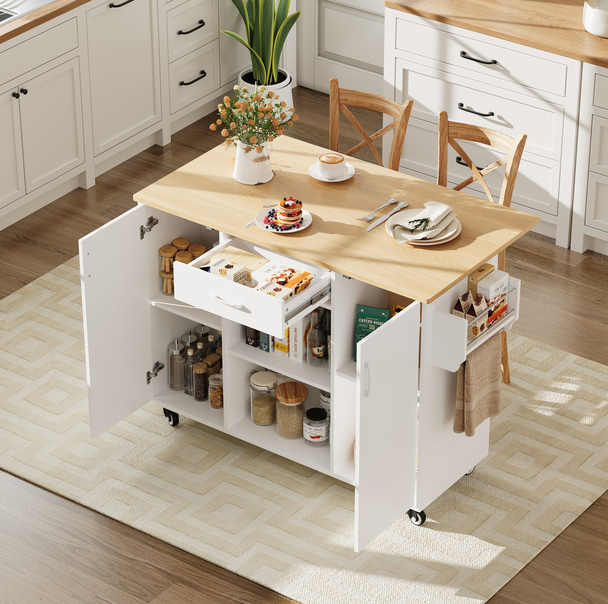 Küchenwagen 67,5/120 Cm In Weiß Und Eiche Mit Klappbarer Arbeitsplatte, Schublade Und Rollen