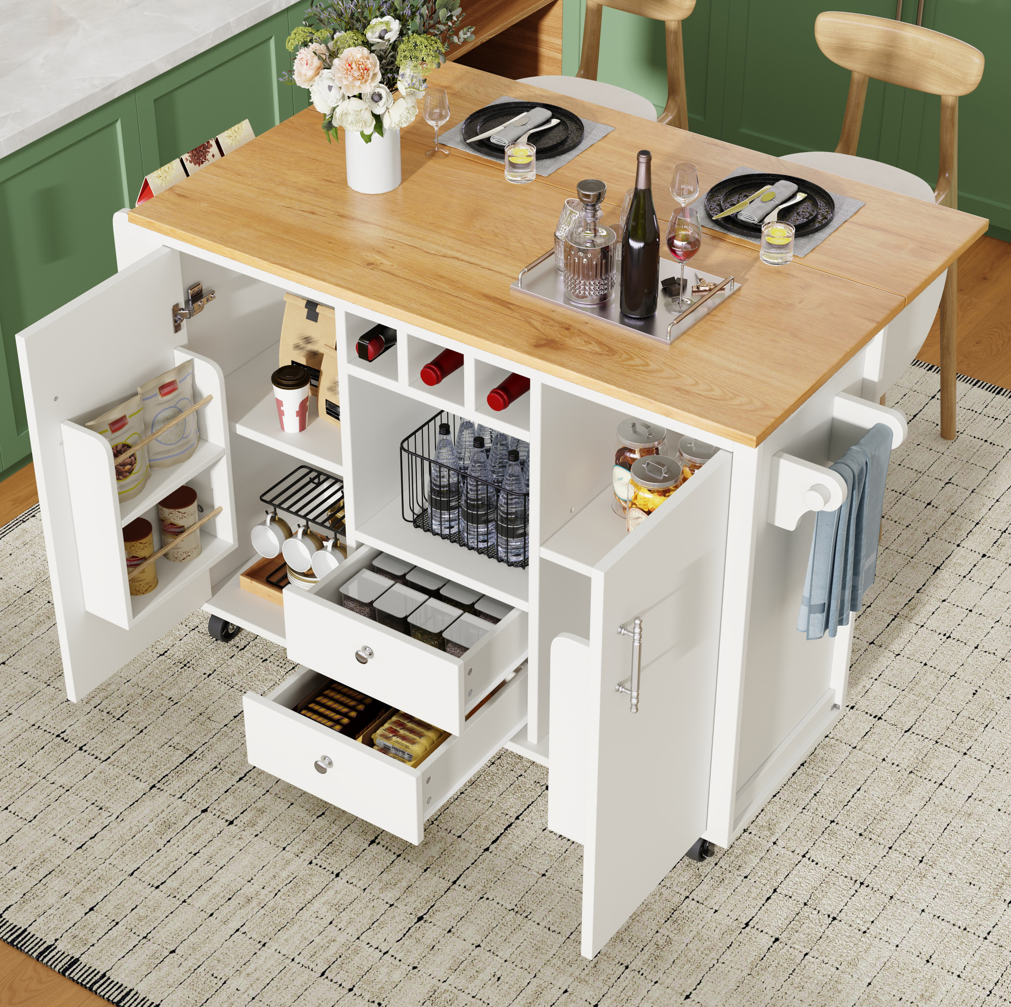 Kücheninsel 137,9 X 73 X 92,2 Cm Weiß Mit Klapptisch, Rollen Und Viel Stauraum