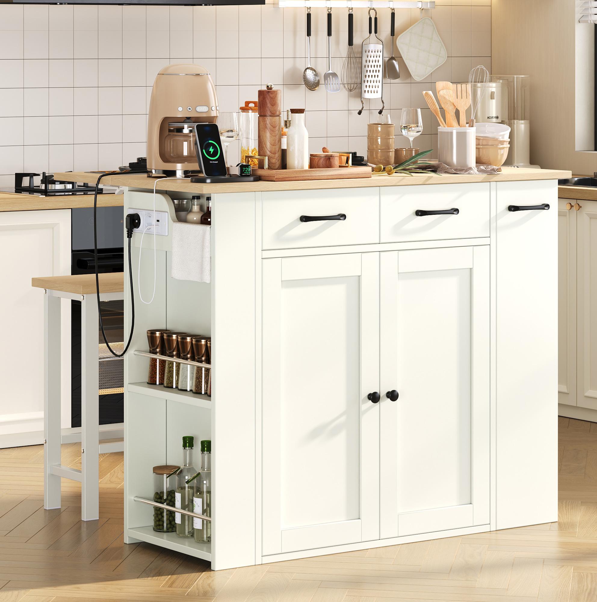 Kücheninsel 120 X 45-75 X 96 Cm In Weiß Mit Ausziehbarer Arbeitsfläche, Steckdosen Und Stauraum
