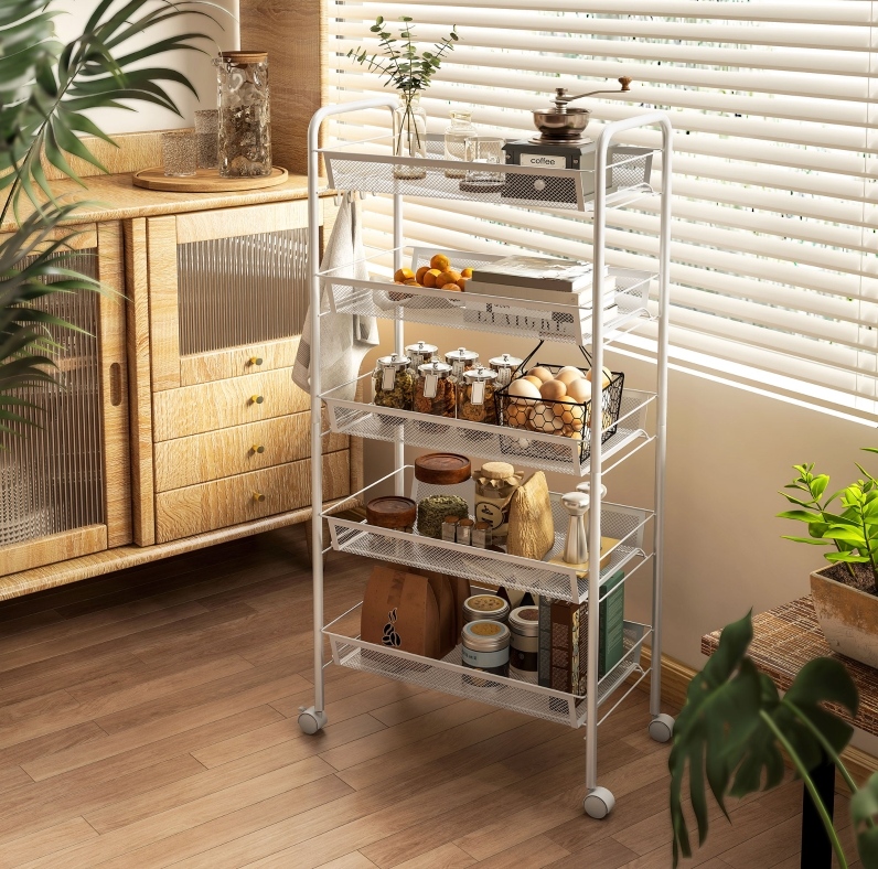 Küchenwagen 45 X 26,5 X 106 Cm Weiß Mit 5 Drahtkörben Und Rollen