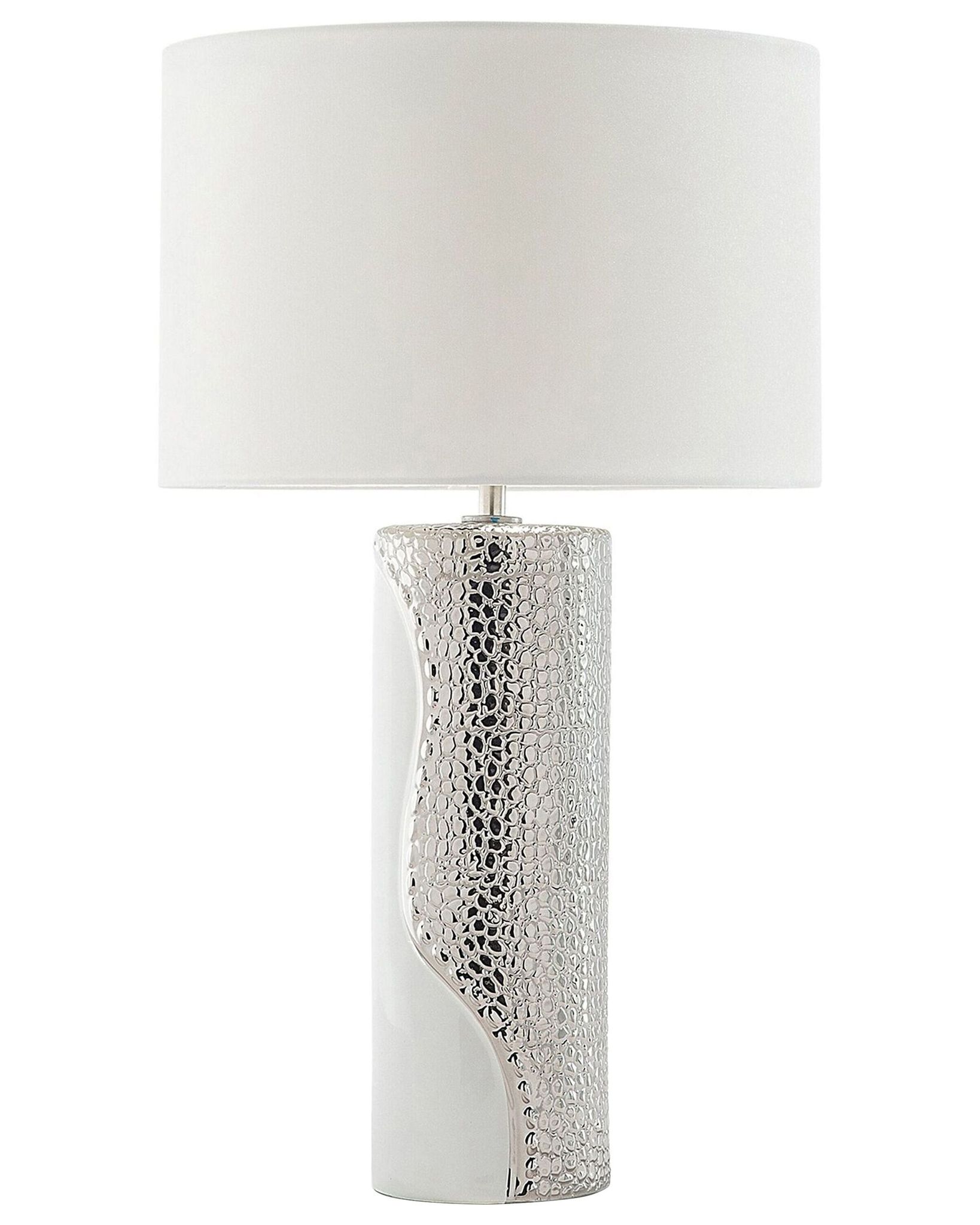 Beliani - Tischlampe Silber Und Weiß Porzellanfuß Stoffschirm Braun Kabel Mit Schalter Moderner Minimalistischer Glamouröser Stil