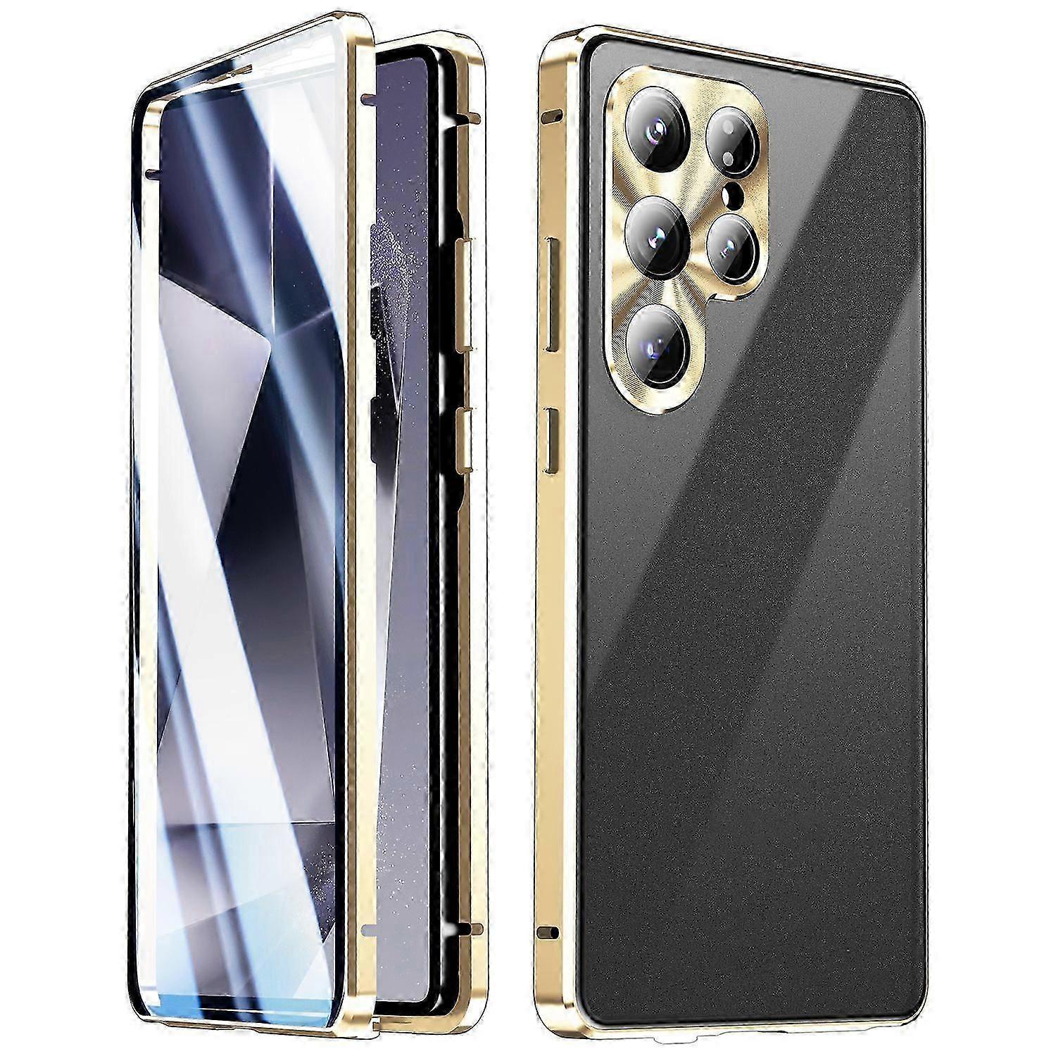 Samsung Galaxy S25 Ultra Schutzhülle, Doppelseitig Aus Gehärtetem Glas, Metall, Magnetisch, Mit Schnalle (gold)