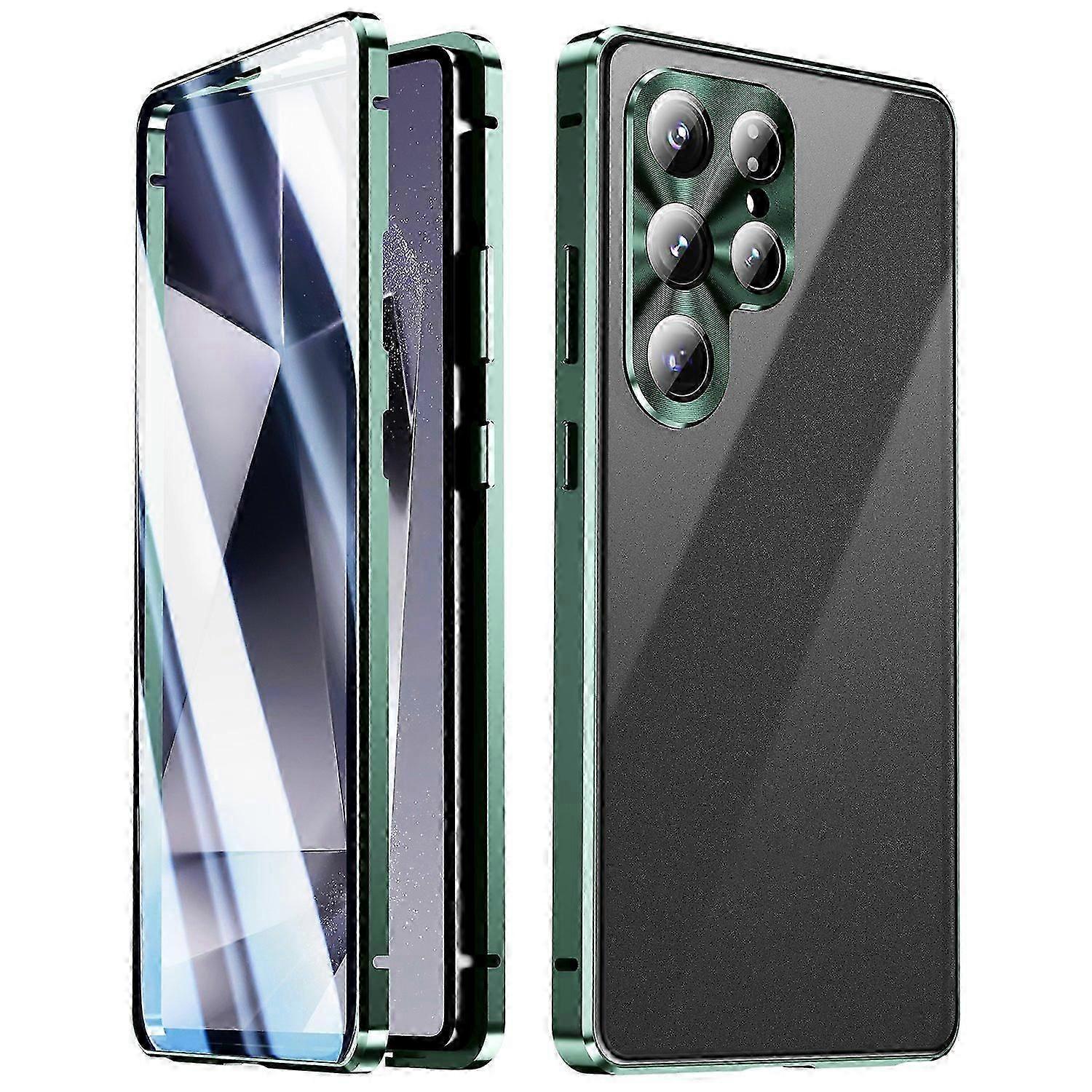 Samsung Galaxy S25 Ultra Schutzhülle, Doppelseitig Aus Gehärtetem Glas, Metall, Magnetisch, Mit Schnalle (grün)