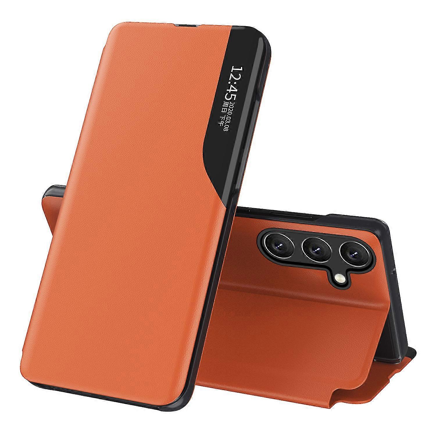 Für Samsung Galaxy A54 5g Magnetische Auto-close Handyhülle Mit Klarem Sichtfenster, Kratzfester Klapphülle Aus Leder Mit Ständer (orange)