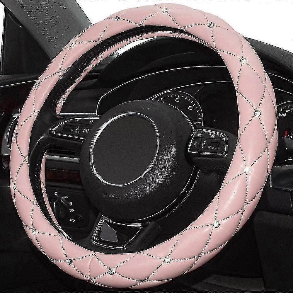 Diamant-leder-lenkradbezug In Pink, Universeller Lenkradschutz Mit Strasssteinen, Rutschfest, Weiches Interieurzubehör