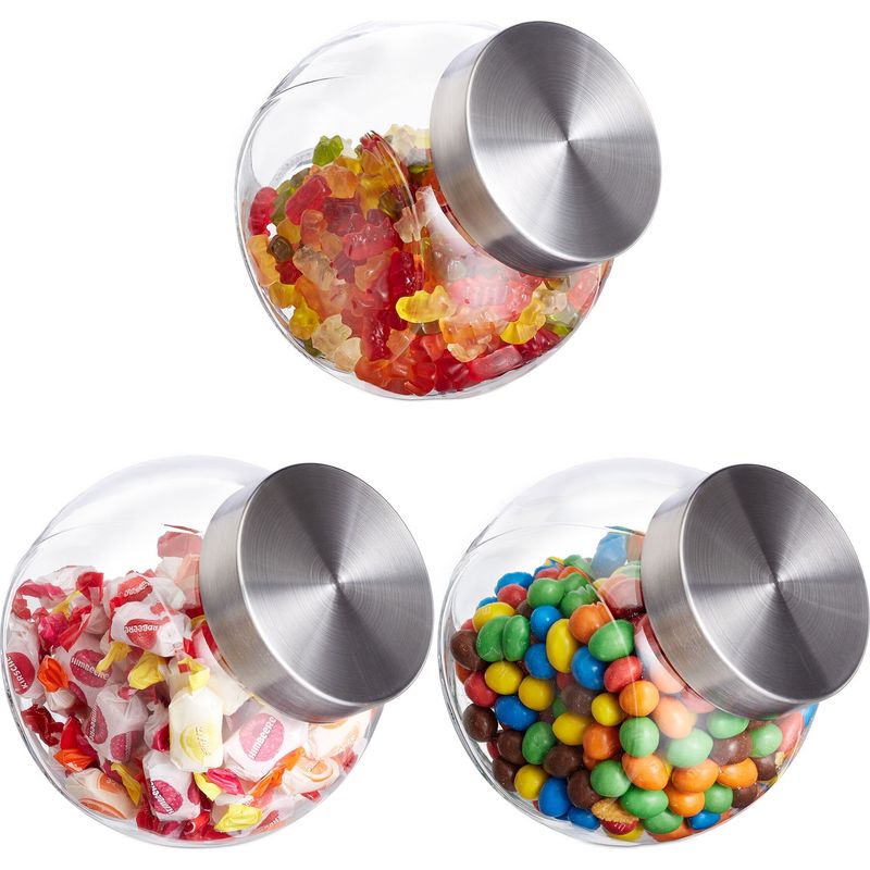 Relaxdays Bonbongläser Aus Glas, 3er-set, Gläser Mit Edelstahldeckeln, 1,5 L, Für Süßigkeiten Und Lebensmittel, Transparent