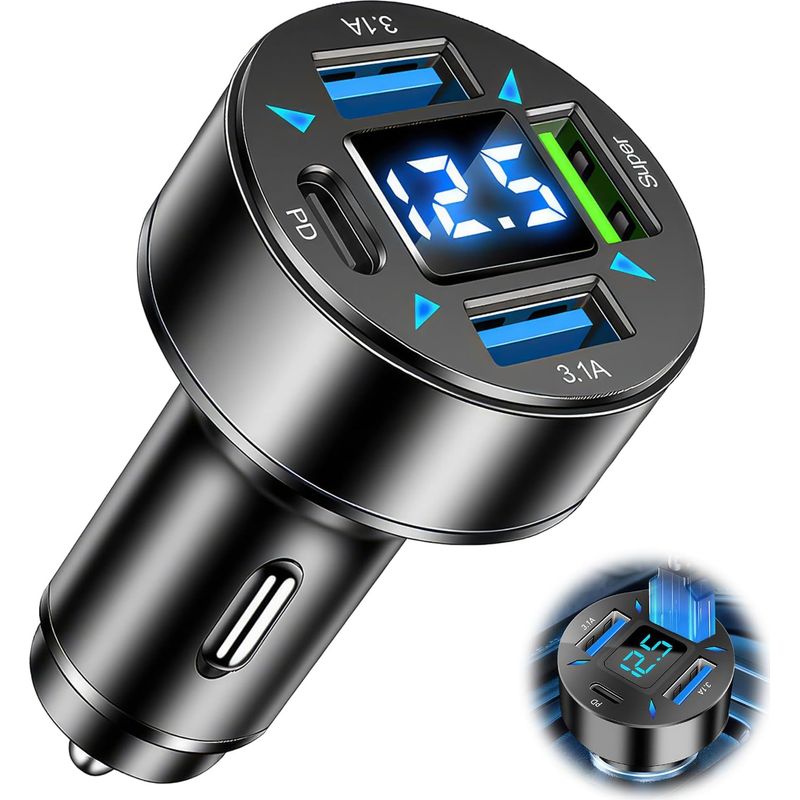 4-port-usb-kfz-ladegerät, Usb-c Pd 66 W, Qc3.0-usb-zigarettenanzünderstecker Mit Led-voltmeter, Kompatibel Mit Iphone, Android, Samsung Und Tablets, Kompakt Und Leicht, Hohe Sicherheit