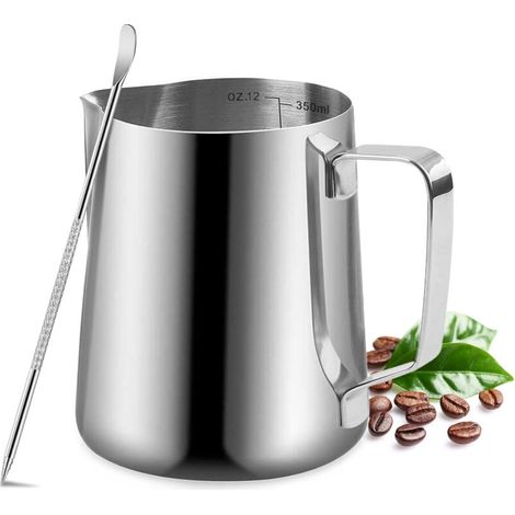 350-ml-milchkännchen, Milchaufschäumer Aus Edelstahl, Kaffeekännchen Mit Blumenmuster, Messbecher Und Stift, Espressokännchen, Milchkännchen Zur Zubereitung Eines Latte Macchiato