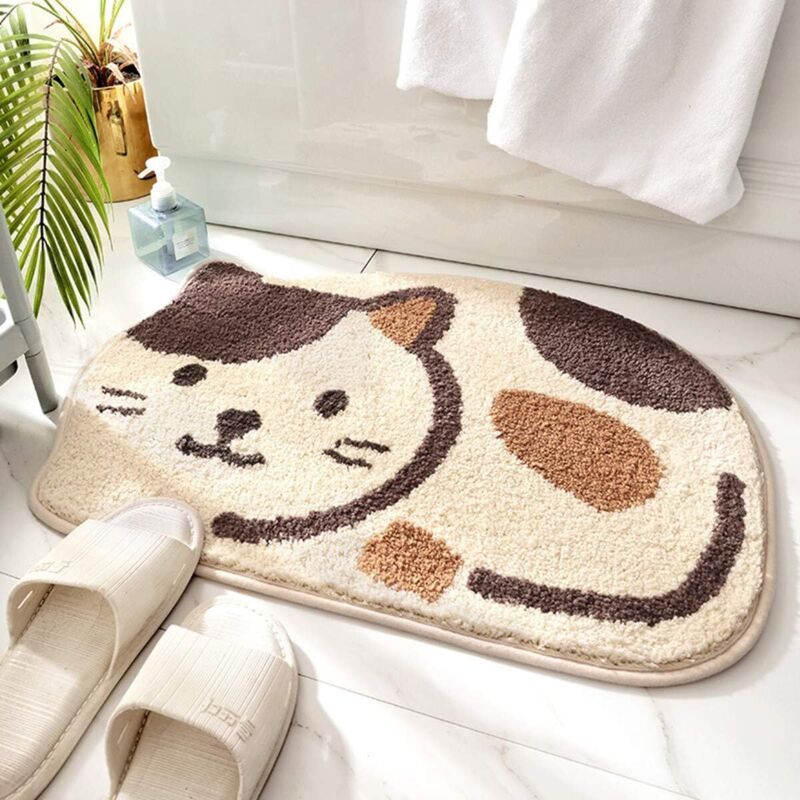 Duschmatte, Badematte, Rutschfest, Saugfähig, Mit Niedlichem Katzenmotiv, Weiche, Trockene Türmatte, 45,7 X 66 Cm, Beige
