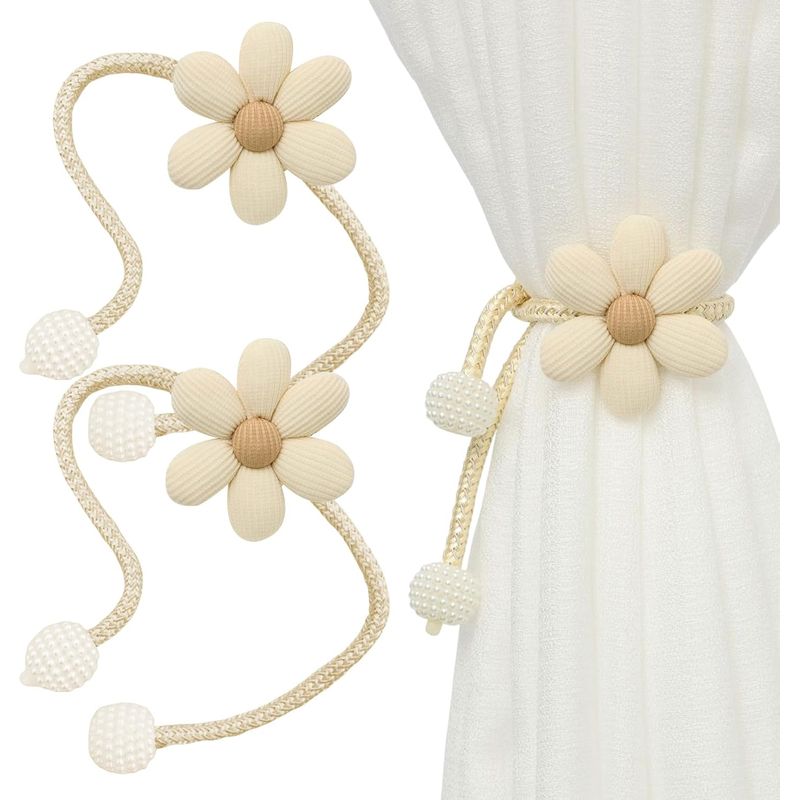 Stück Bohrfreie Gardinenhalter, Beige Gardinenhalter, Blumenförmige Gardinenhalter Für Die Fensterdekoration In Zuhause, Büro Und Hotel (mit Perlenschlaufe)