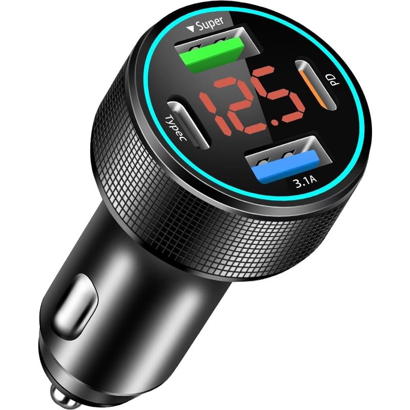 4 Usb-c-zigarettenanzünderanschlüsse, 66-w-qc3.0-autoladegerät & 30-w-pd-autoladegerät Mit Led-voltmeter Für Macbook Pro, Iphone, Ipad, Samsung Galaxy-smartphones