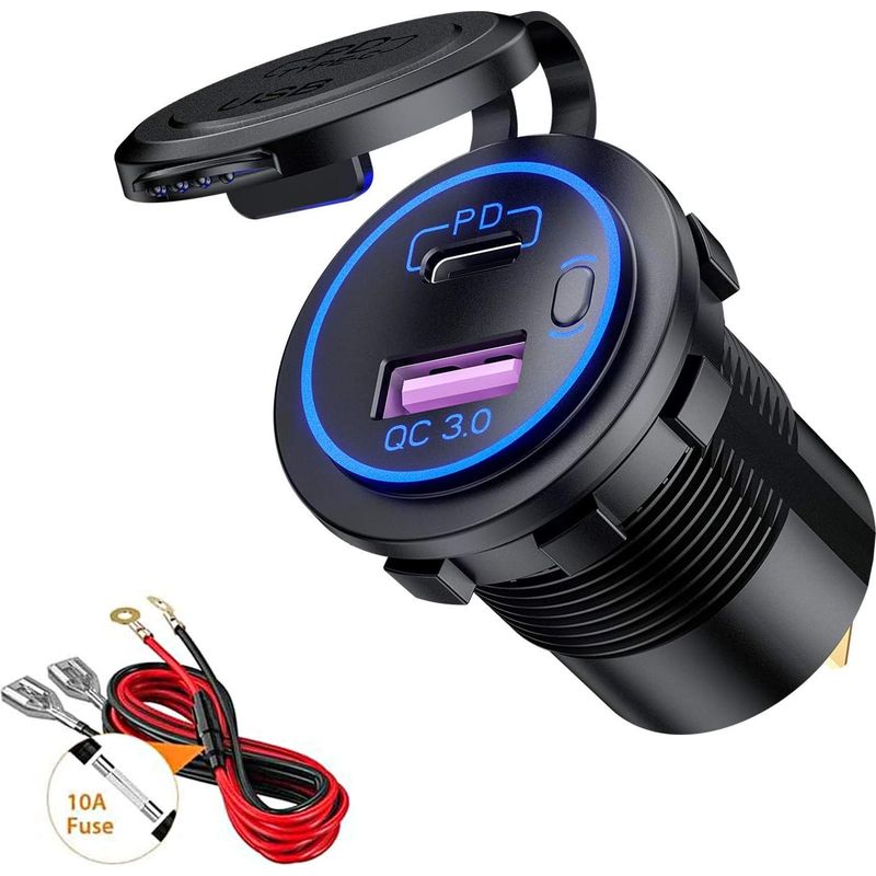 Lablanc – Qc3.0 Usb- Und Pd-typ-c-kfz-ladebuchse Mit Led-schalter, Wasserdicht Für 12–24 V Autos, Boote Und Motorräder, Blau