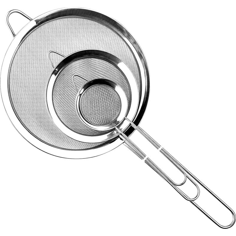 Lablanc - 3-teiliges Edelstahl-siebset 19/25/36,5 Cm, Küchensieb Mit Griff, Feinmaschiges Metallsieb, Filter Zum Abtropfen Von Pulver, Gebäck, Nudeln, Reis, Pasta, Gemüse, Quinoa, Eiweiß (silber)