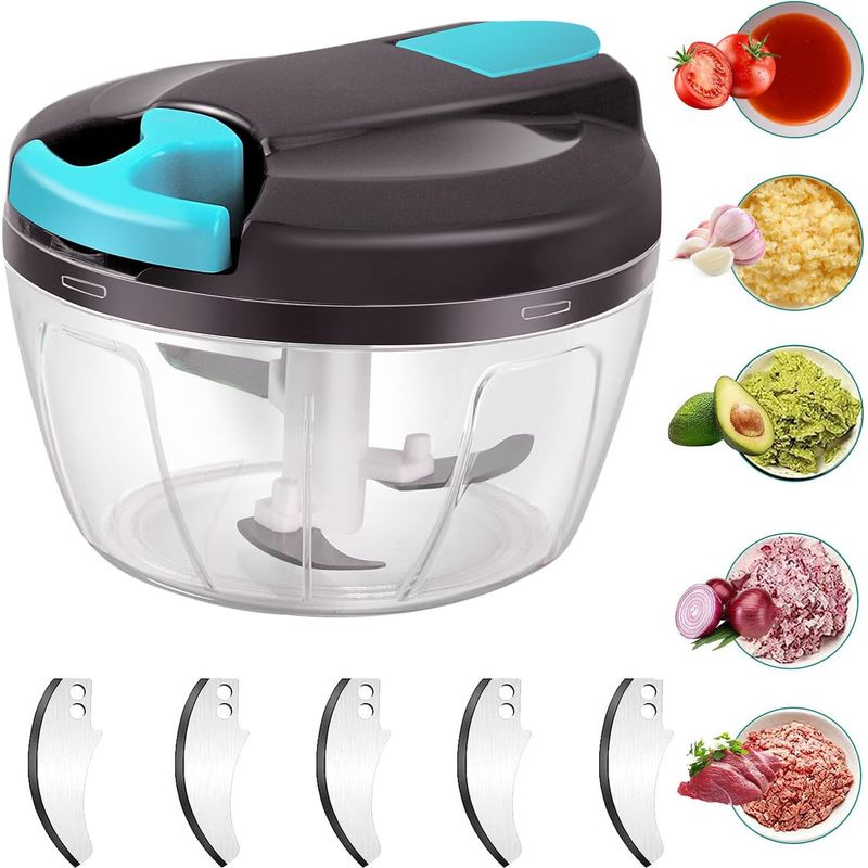 Lablanc - 520ml Manueller Gemüsezerkleinerer, Zwiebelschneider Mit 3 Edelstahlklingen, Manueller Zwiebelschneider Mit 3 Edelstahlklingen, Manueller Knoblauchschneider Für Gemüse Und Fleisch (blau)
