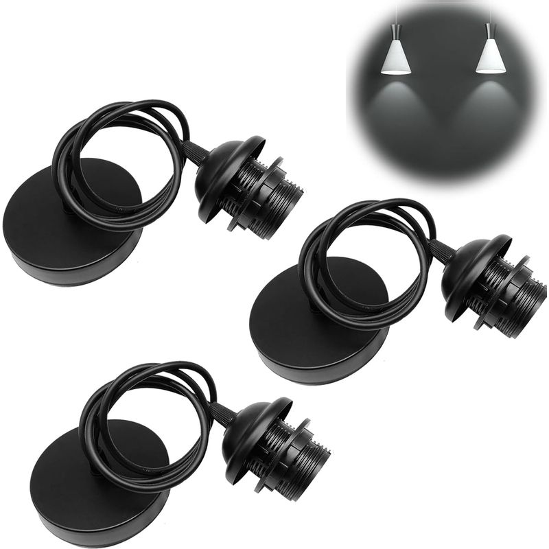 3er-set E27-pendelleuchten, 100 Cm Verstellbares Kabel Mit Abnehmbarem Schraubring, E27-pendelleuchte Mit Schraubring, Verstellbares Textilkabel, Für Zuhause Und Küche, Schwarz