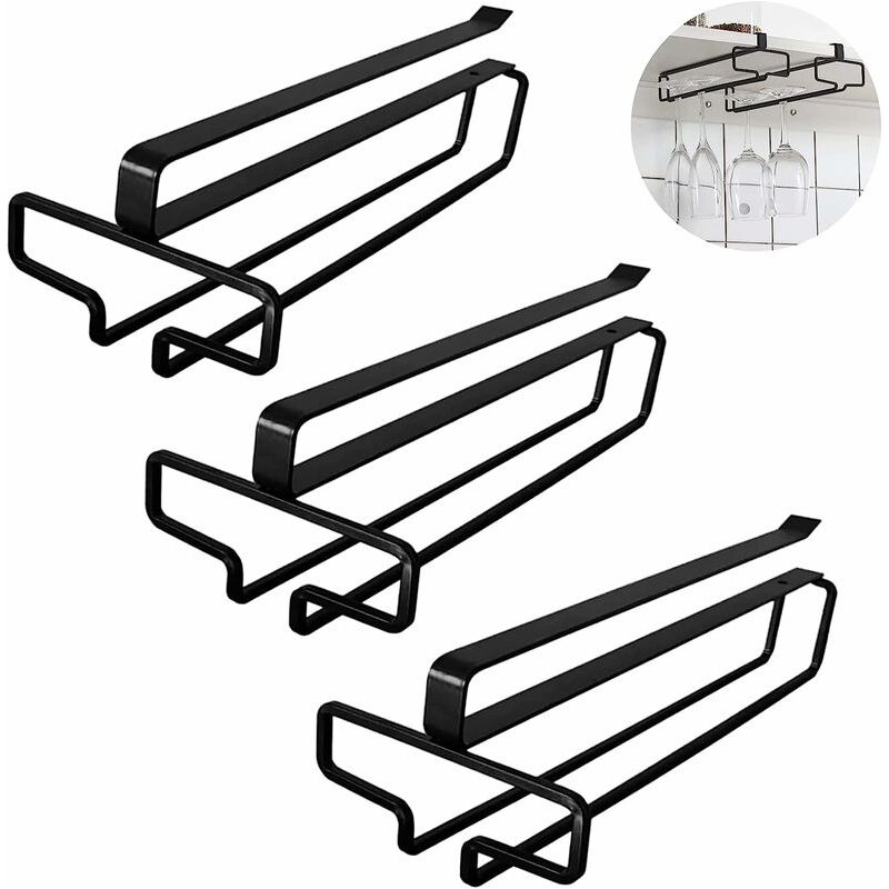 3-teiliges Hängendes Weinglasregal, Weinglashalter Für Unter Den Küchenschrank, Hängendes Stielglasregal Ohne Bohren, Metallglashalter Für Küche, Café, Bar, Restaurant (schwarz)