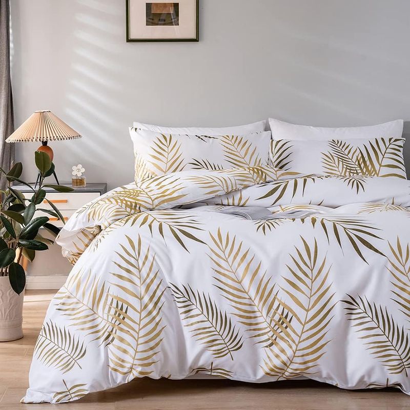 Lablanc – Bettwäsche-set Mit Tropischem Palmenblattmuster (220 X 240 Cm) In Gold Und Weiß Mit Reißverschluss, 2-personen-set Inklusive 2 Kissenbezügen (51 X 76 Cm)