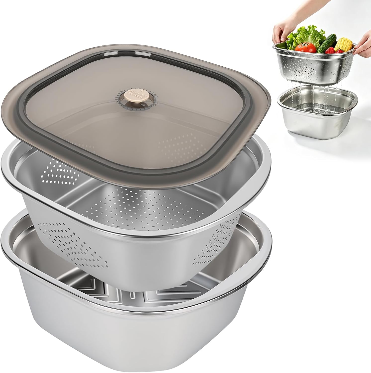 Nudelsieb Aus Edelstahl – 4600 Ml – 28 Cm Durchmesser, Mit Edelstahlschüssel Und Deckel – Reisschüssel Für Spaghetti, Salat, Nudeln, Obst Und Reis