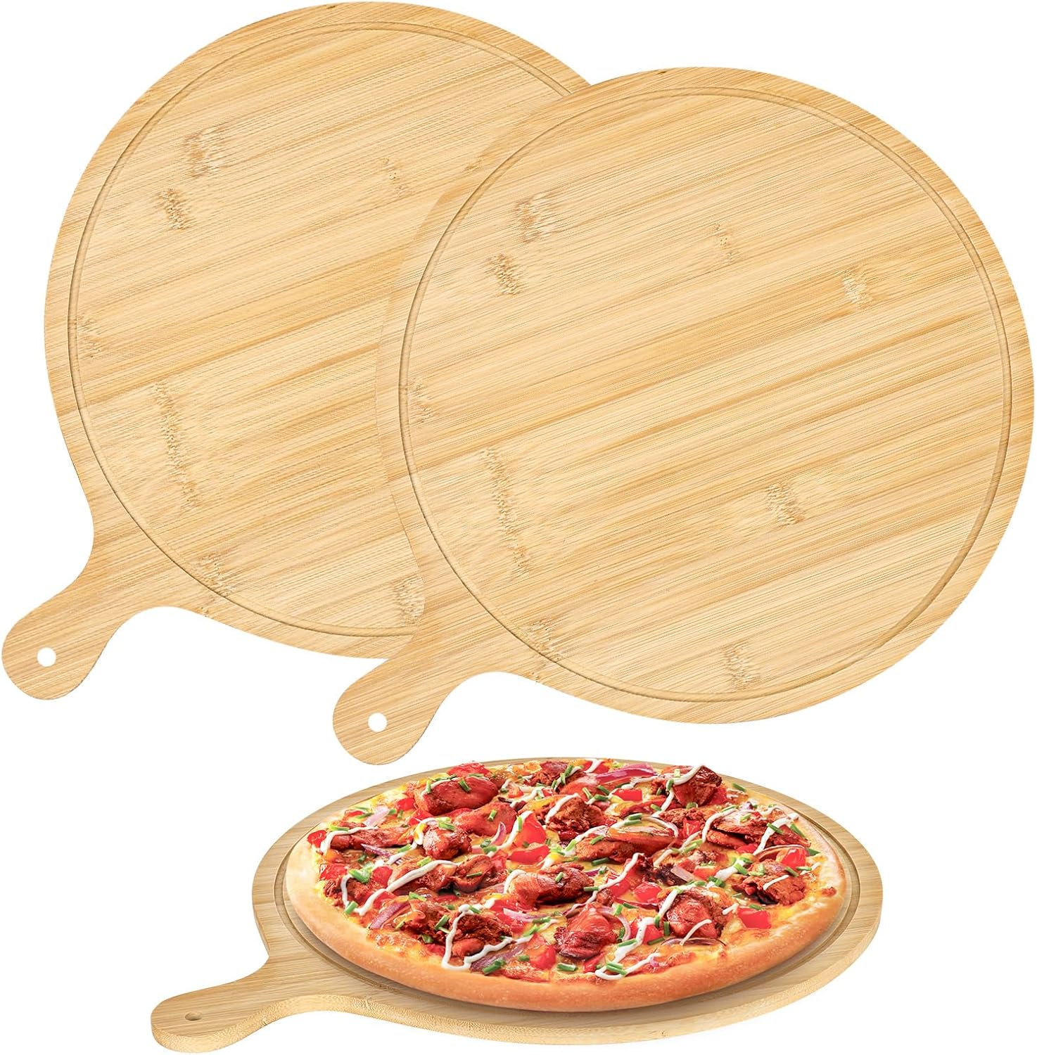 Set Mit 2 Runden Pizzatellern Aus Holz – 30 Cm – Mit Griff – Für Pizza, Käse, Snacks, Küchenaccessoires