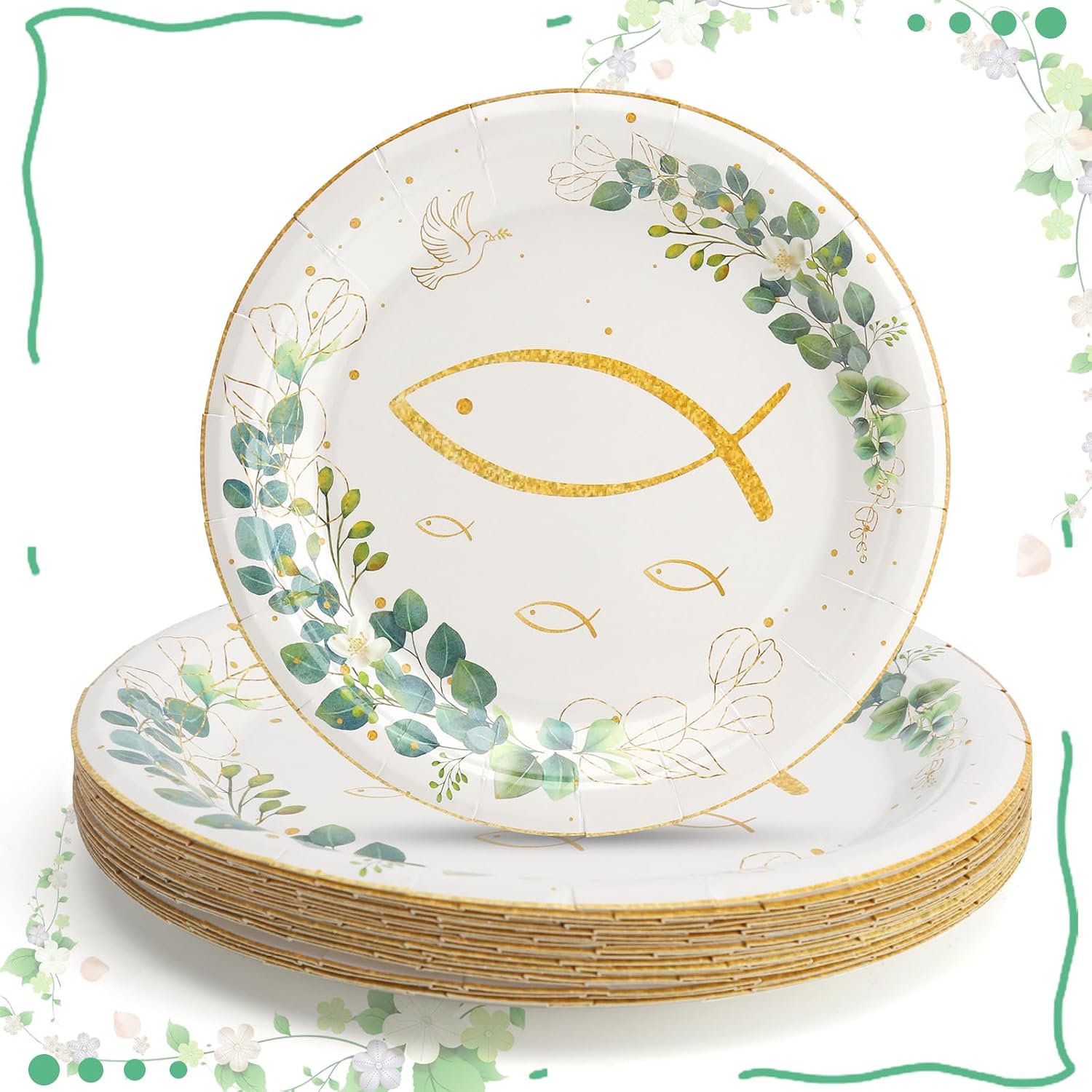 Kommunion-pappteller, 24 Stück, 18 Cm, Eukalyptus- Und Goldfisch-design, Verstärkt Und Robust, Für Jungen-taufe, Mädchen-taufe, Kuchen, Süßigkeiten, Salatdekoration