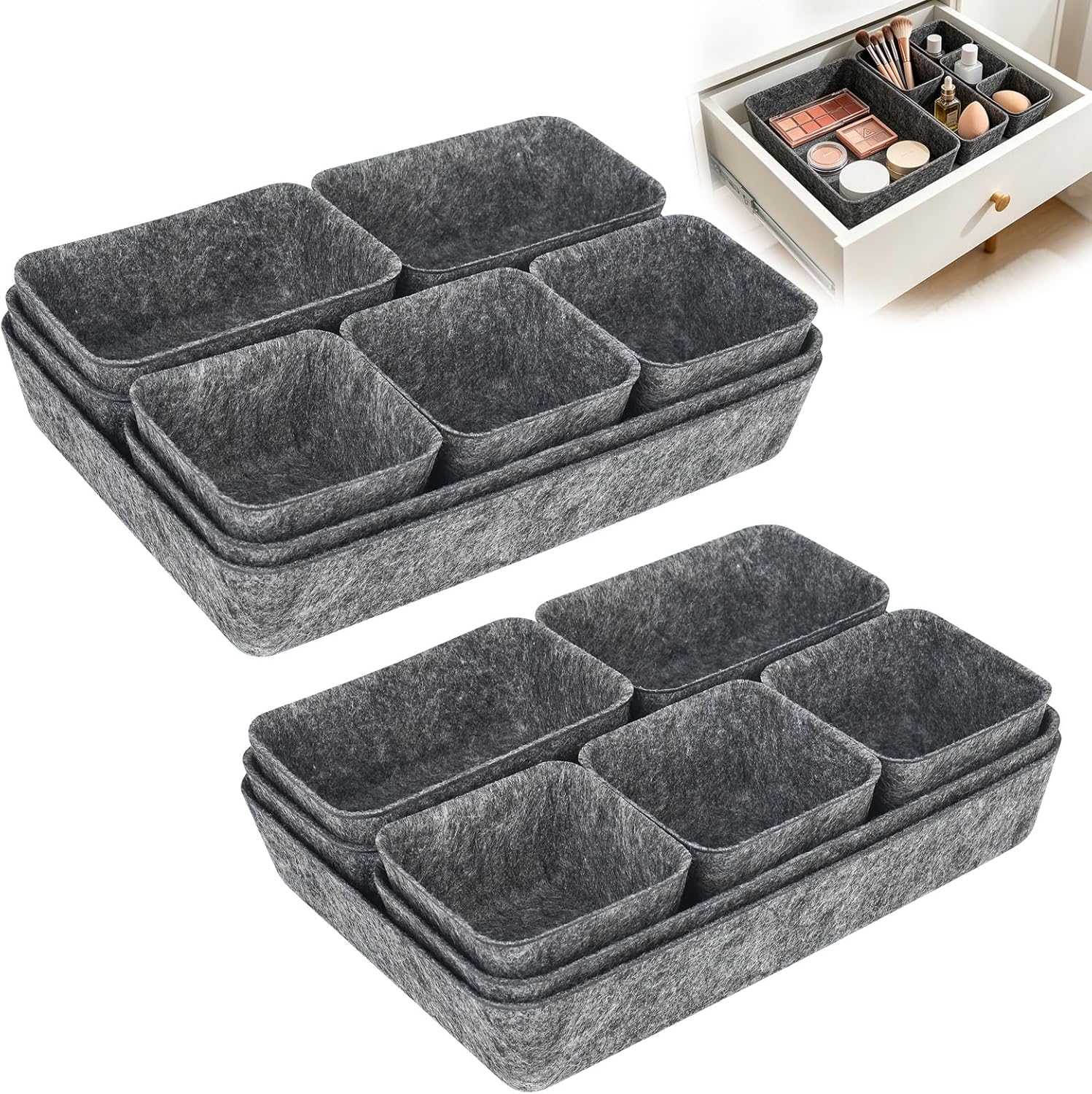 Set Mit 16 Stapelbaren Filz-schubladeneinsätzen – 4 Größen – Für Büro, Schminktisch, Schlafzimmer, Kleiderschrank – Dunkelgrau