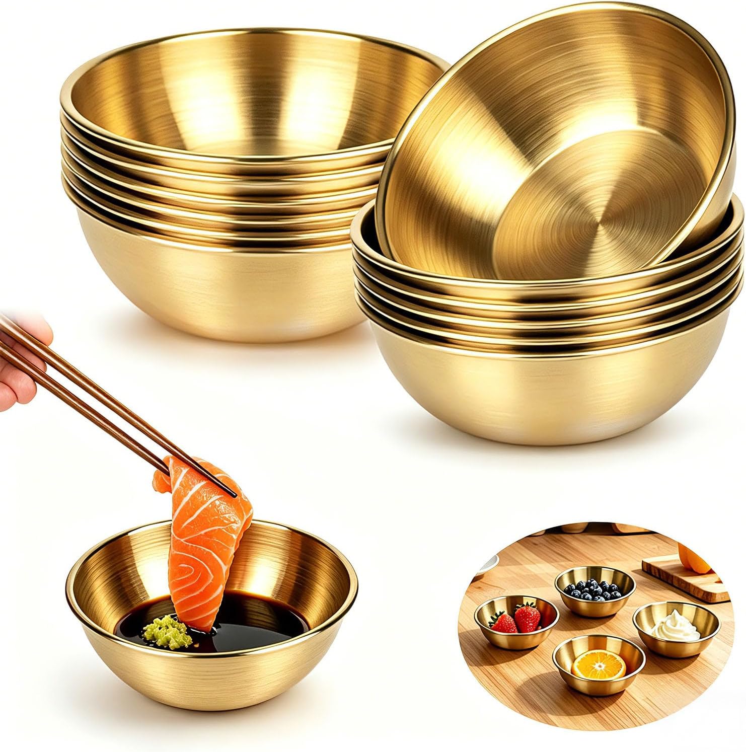 Set Mit 12 Goldfarbenen Saucenschälchen – 120 Ml – Edelstahl – 8,5 X 2,8 Cm – Rund – Für Saucen, Snacks, Vorspeisen, Ketchup, Desserts, Marmeladen Und Konfitüren