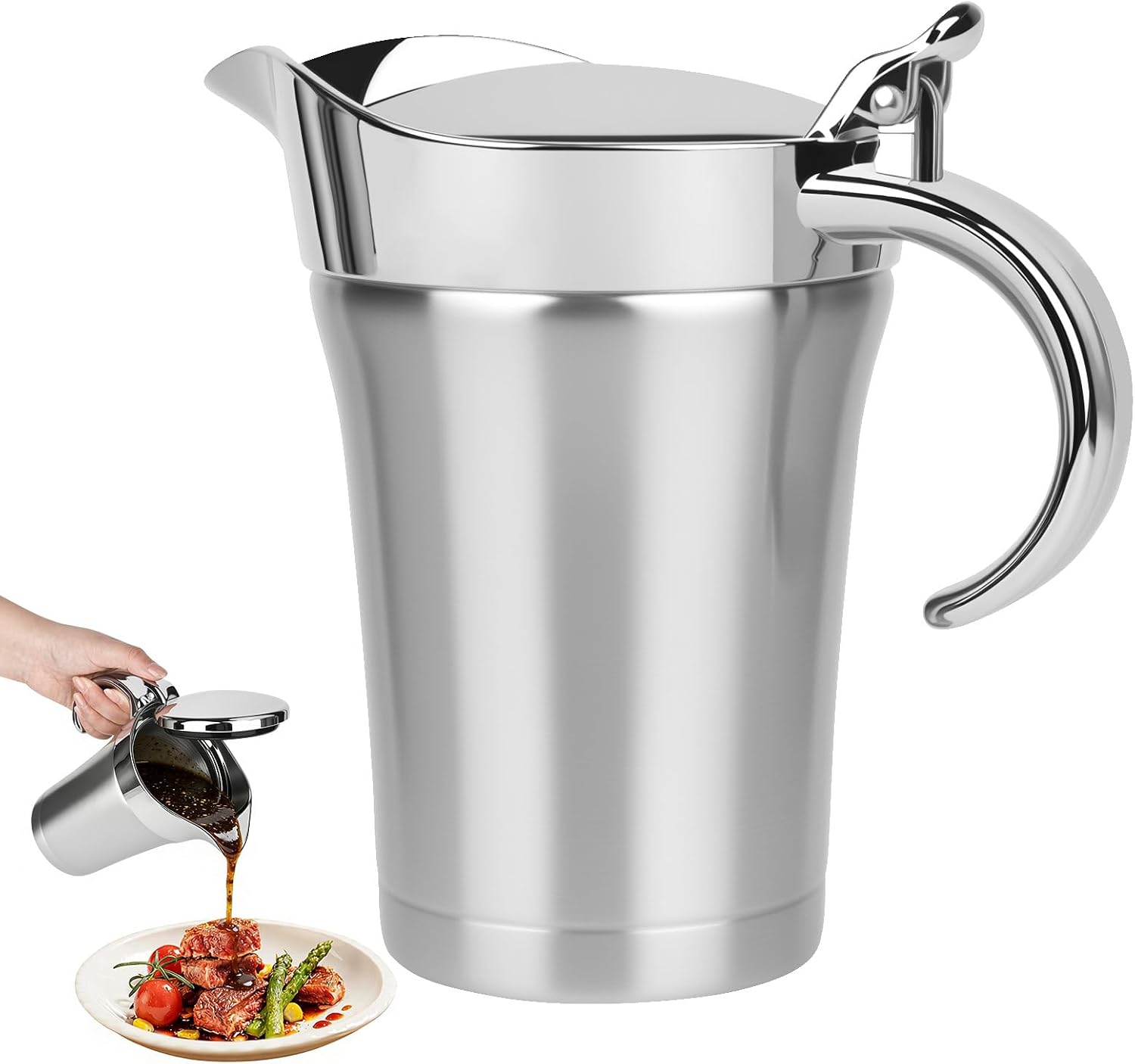 Thermosoßenschüssel Aus Edelstahl – 750 Ml – Doppelt Isoliert – Tropffreier Ausgießer – Für Zuhause, Dinnerpartys, Restaurants Und Besondere Anlässe – Elegant – Silber