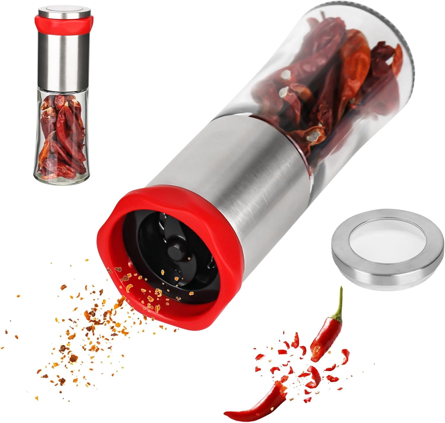 Chilimühle Aus Edelstahl Und Glas – Chilischneider – Küchenutensil – Gewürzmühle Für Grobe Gewürze – Nachfüllpackung Für Pfeffer Und Salz