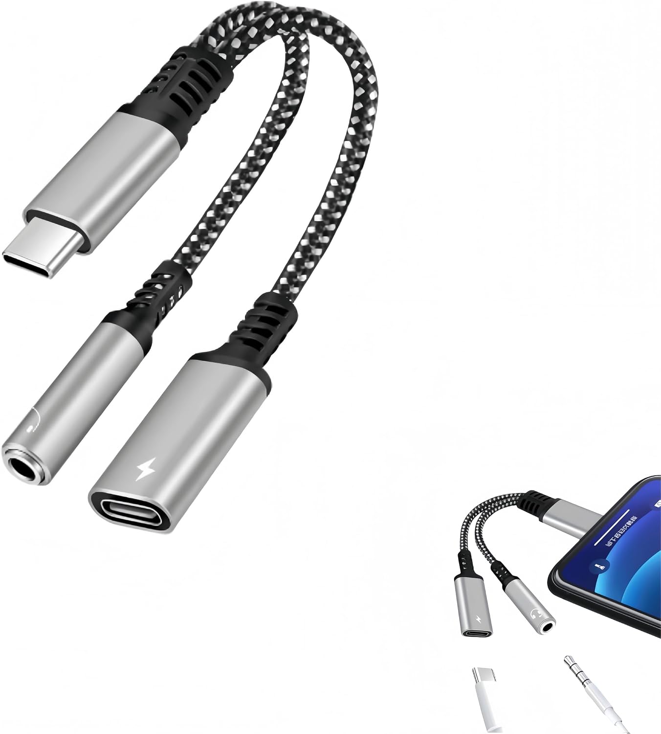 Usb-c-auf-3,5-mm-klinkenadapter Mit Schnellladefunktion (2-in-1), 60 W Typ-c-audio-aux-adapter, Hi-fi, Kompakt Und Tragbar, Kompatibel Mit Iphone 16 Pro Max/15/pro, Galaxy S24 Ultra/s23, Pixel, Ipad P