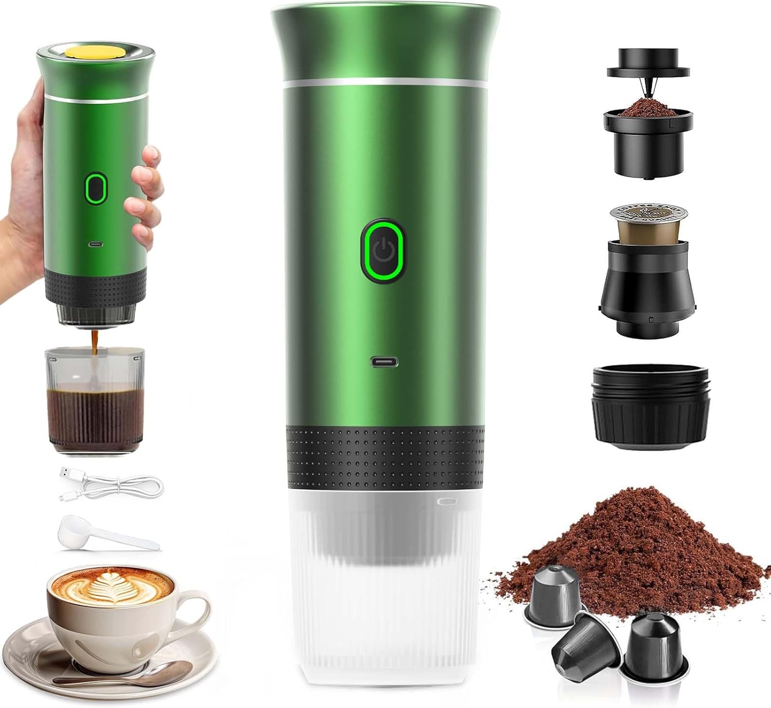 Vhv Tragbare Reise-kaffeemaschine, Schnellheizende 3-in-1-kaffeemaschine 12v, 4-6 Minuten Automatische Aufheizzeit, Große Kapseln, Gemahlener Kaffee, Für Camping, Büro, Zuhause, Auto (silber)