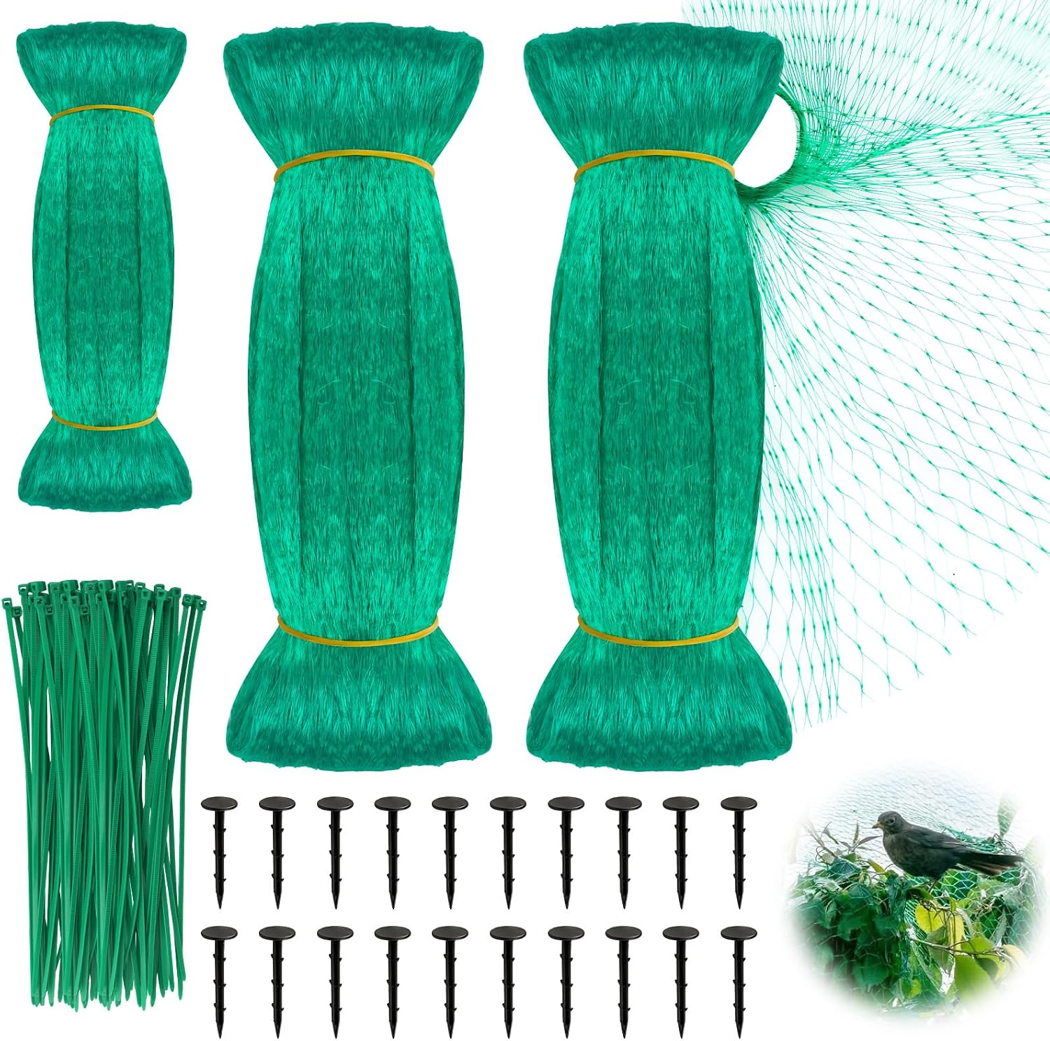 Set Mit 3 Vogelschutznetzen – 4 X 10 M + 2 X 5 M – Feinmaschiges Vogelschutznetz Mit Bodenankern Und Kabelbindern – Gartennetz