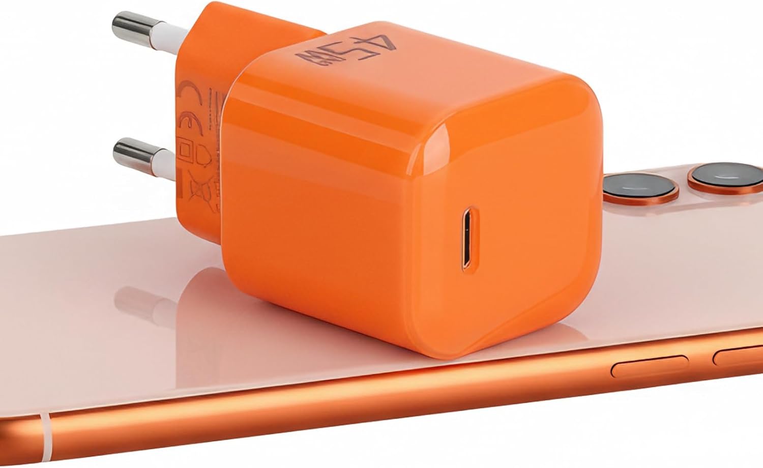 45-w-usb-c-ladegerät Mit Gan-technologie – Kompaktes Schnellladegerät Für Iphone 15/16/17, Ipad, Samsung, Macbook & Pixel, Usb-c-schnellnetzteil, Transparentes Oranges Design