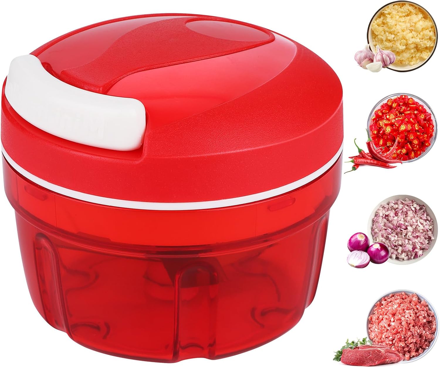 Manueller Zerkleinerer, 300 Ml, Manueller Zwiebelschneider Mit Edelstahlklingen, Knoblauchschneider, Küchenmaschine Für Chilischoten/zwiebeln/gemüse/nüsse/früchte/paprika/fleisch/knoblauch/püree (rot)