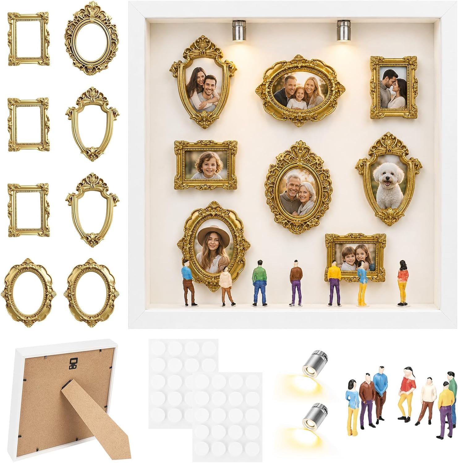 Diy-mini-museum Mit Silhouette-box Und Beleuchtung, Usa-museum Mit 8 Goldenen Vintage-mini-rahmen Und 8 Figuren, Foto-display Für Geburtstag, Hochzeit, Heimdekoration, Weiß