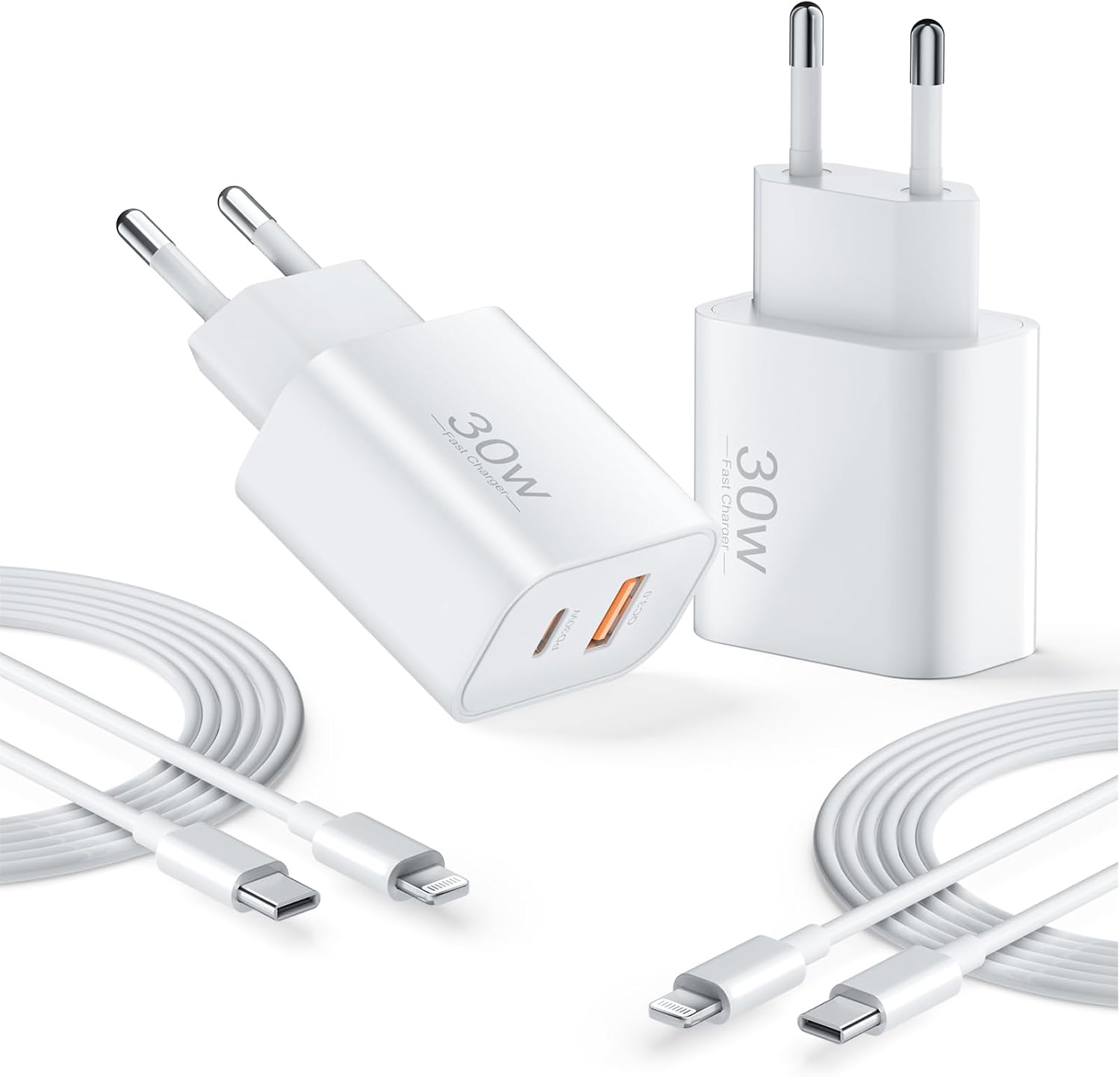 30-w-schnellladegerät Für Iphone, Usb-c-ladegerät Mit 2 Anschlüssen, Pd 3.0 Und 2 M Langem Typ-c-auf-l-kabel, 2er-pack Für Iphone 14/13/12/11【pro Max Plus】/mini/se/xs/xr/x/8/7/6/5/ipad/airpods